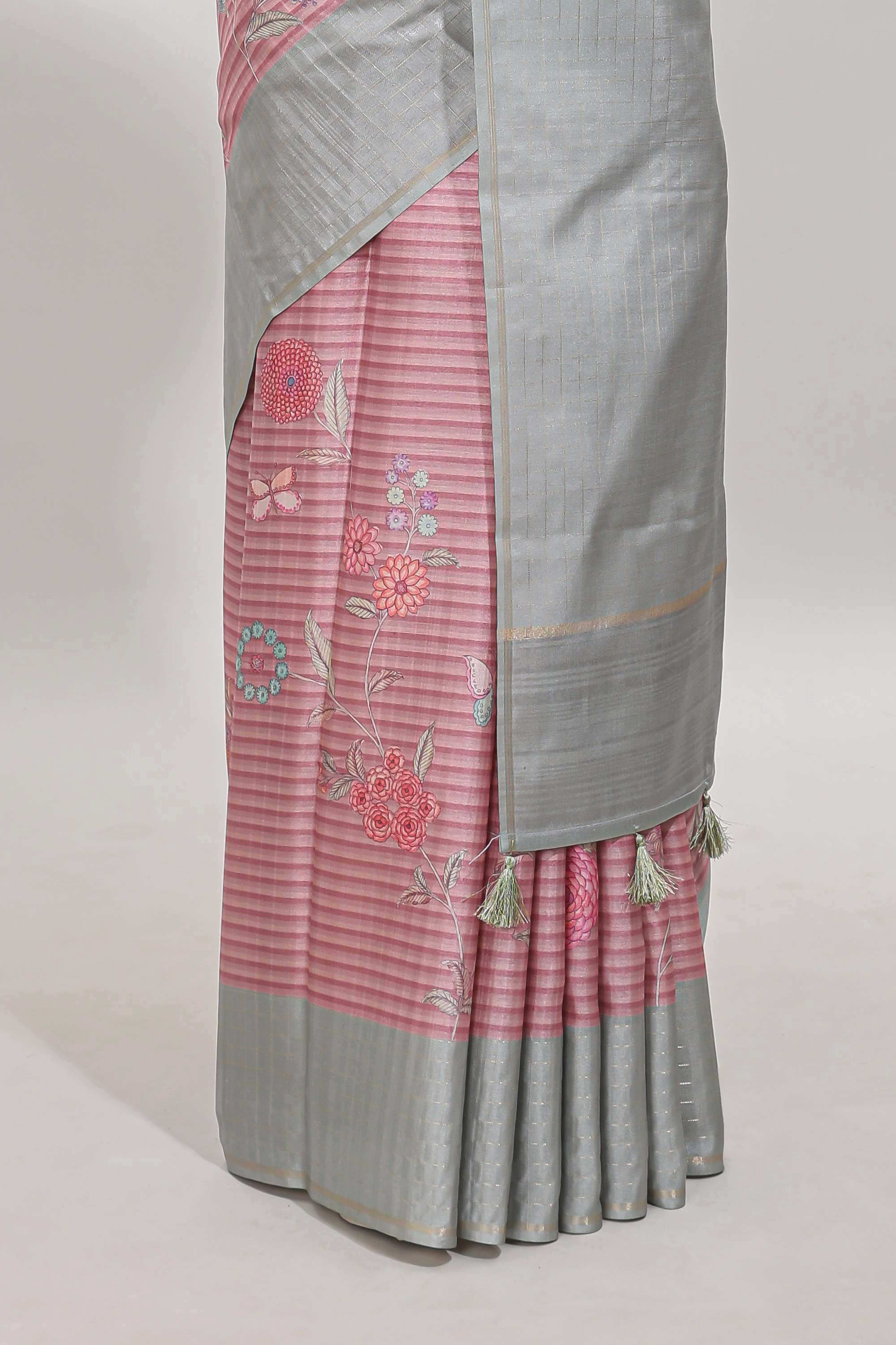Pink striped floral design tussar saree with contrast border and blouse