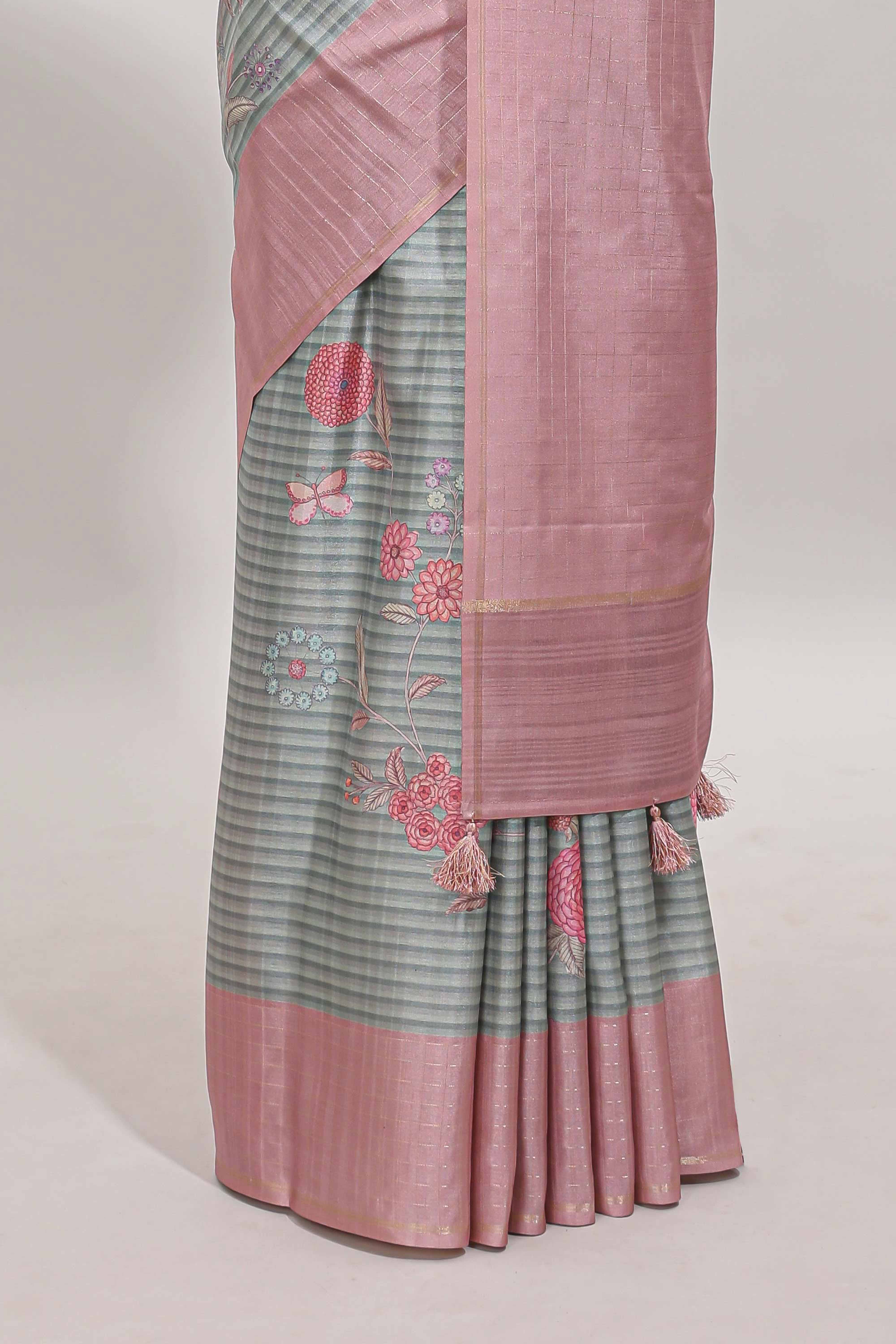 Grey striped floral design tussar saree with contrast border and blouse