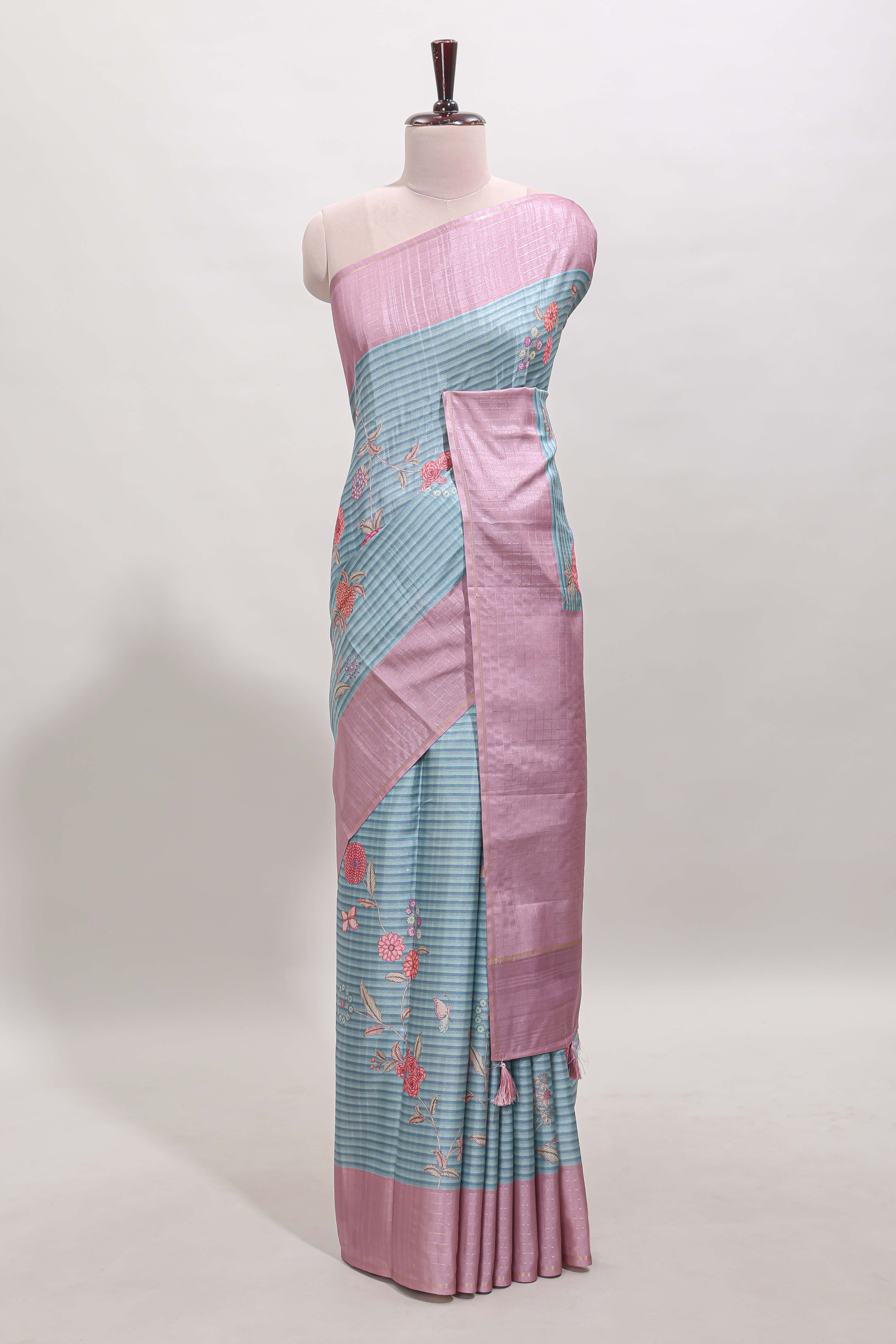 Blue striped floral design tussar saree with contrast border and blouse