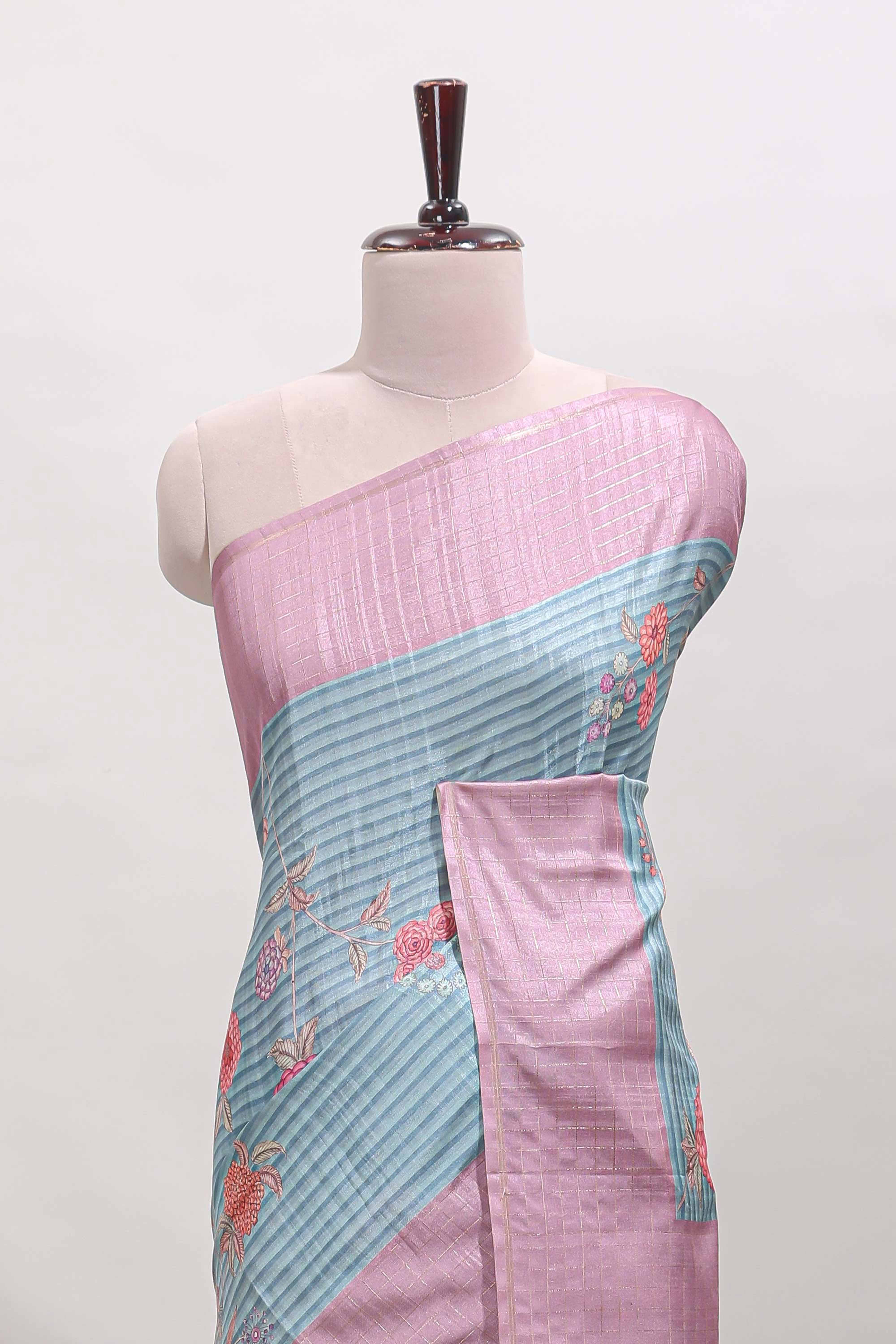 Blue striped floral design tussar saree with contrast border and blouse