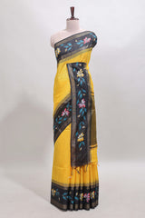 Yellow checked semi tussar saree with contrast floral vine border and blouse
