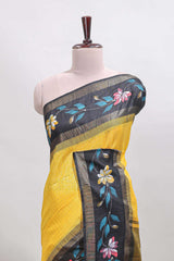 Yellow checked semi tussar saree with contrast floral vine border and blouse