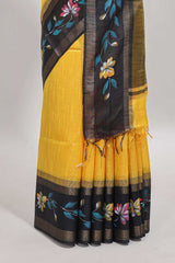 Yellow checked semi tussar saree with contrast floral vine border and blouse