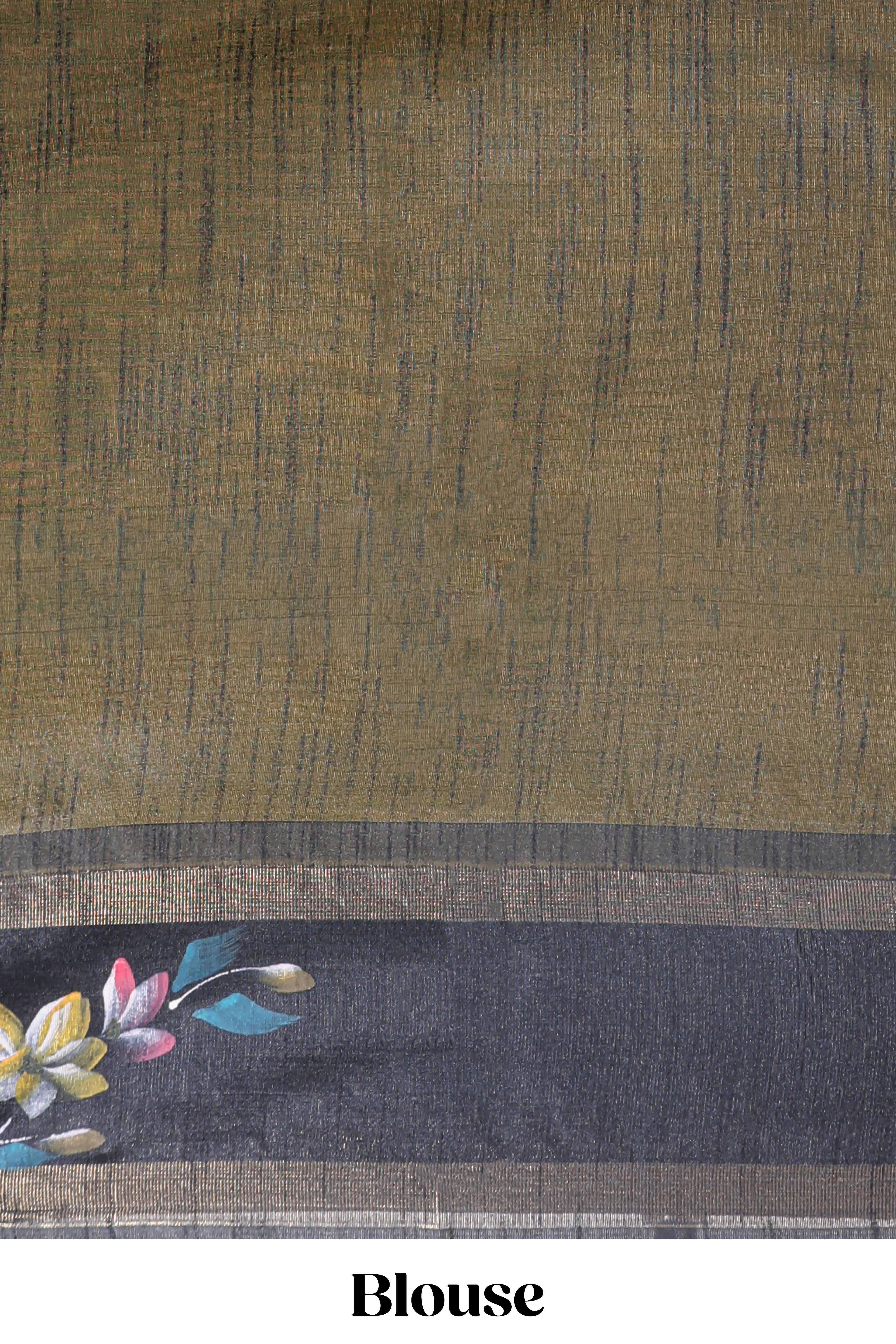 Yellow checked semi tussar saree with contrast floral vine border and blouse
