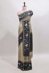 Beige checked semi tussar saree with contrast floral vine border and blouse
