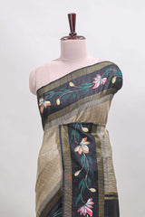 Beige checked semi tussar saree with contrast floral vine border and blouse