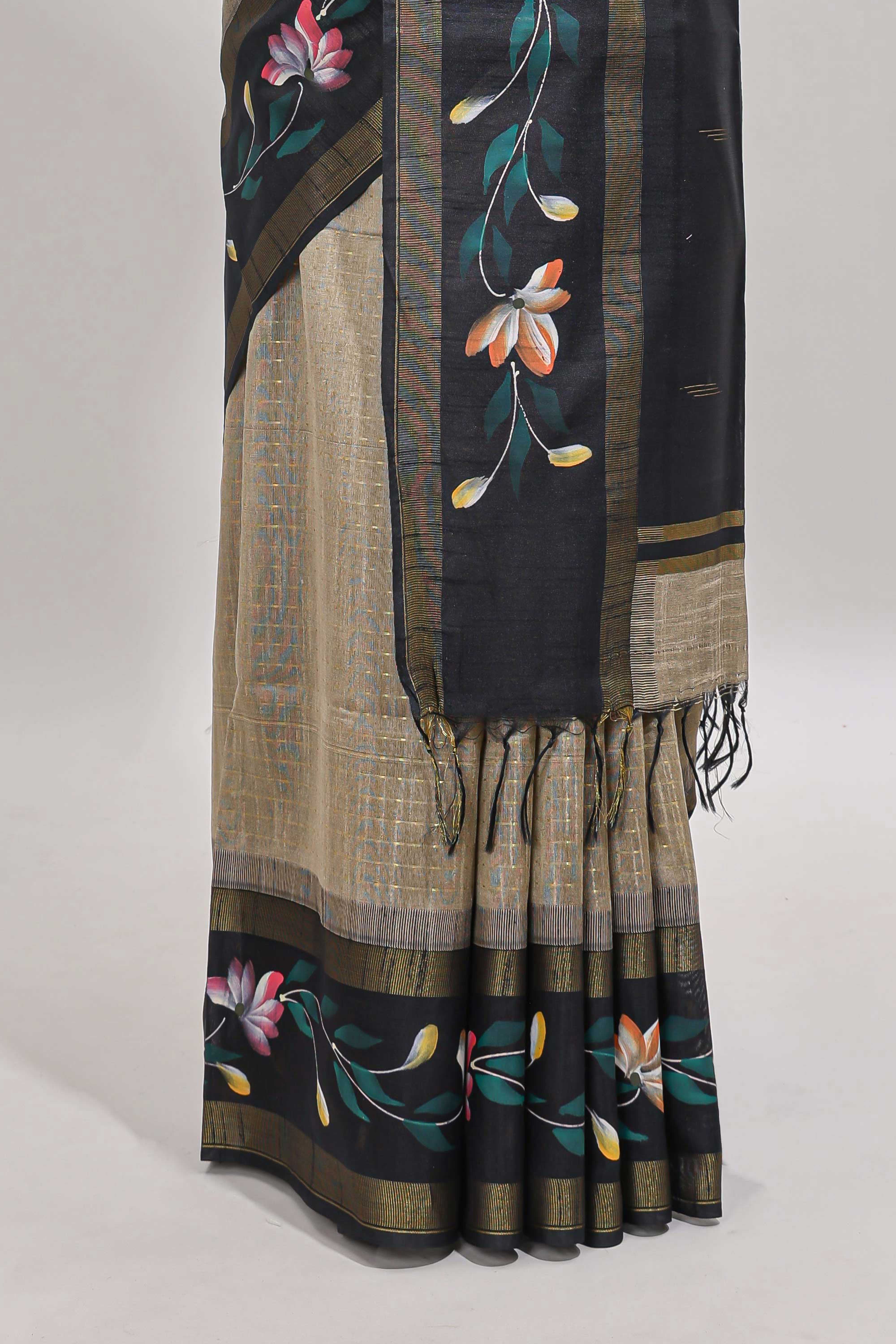 Beige checked semi tussar saree with contrast floral vine border and blouse