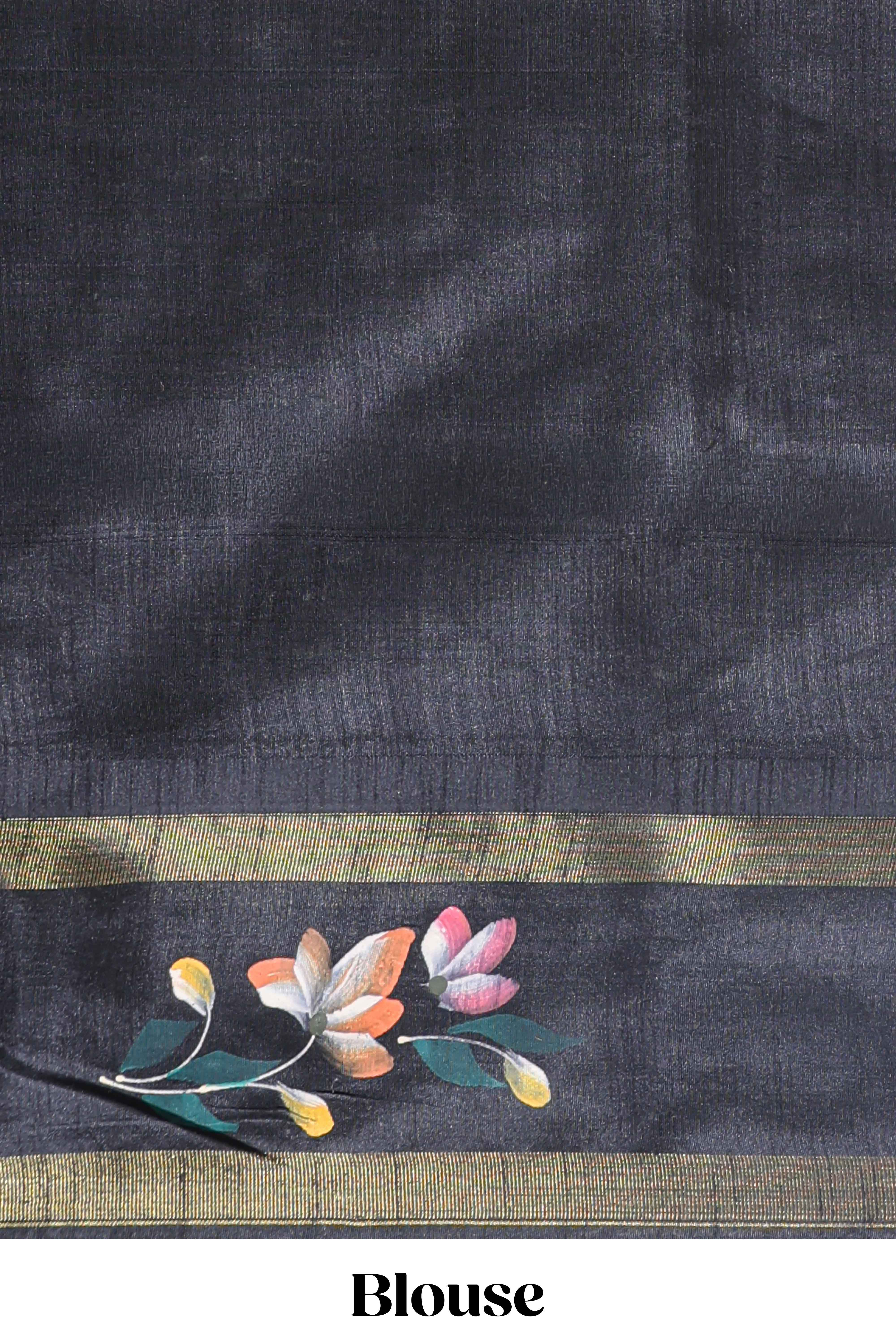 Beige checked semi tussar saree with contrast floral vine border and blouse