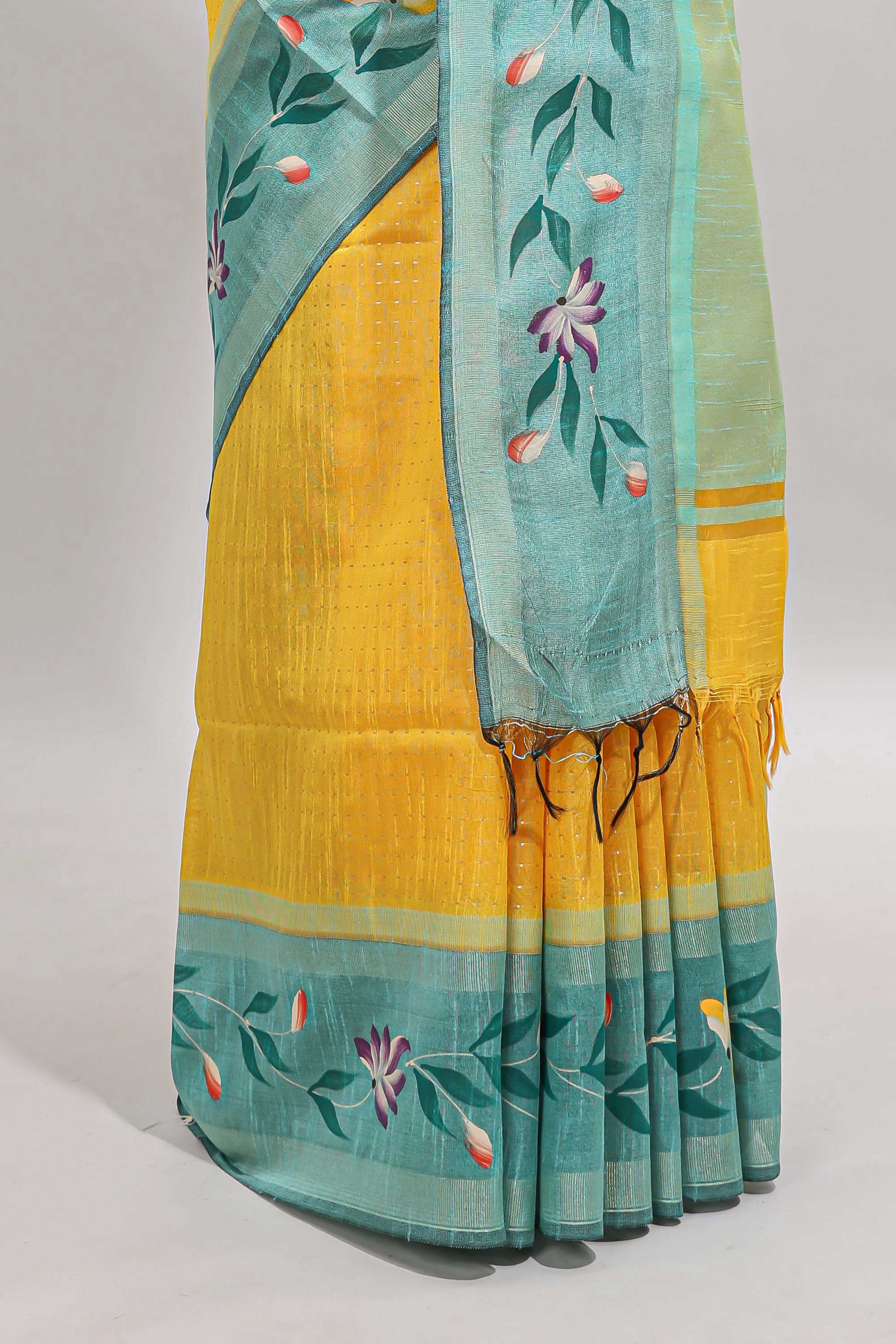 Yellow checked semi tussar saree with contrast floral vine border and blouse
