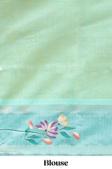 Yellow checked semi tussar saree with contrast floral vine border and blouse