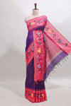 Violet checked semi tussar saree with contrast floral vine border and blouse