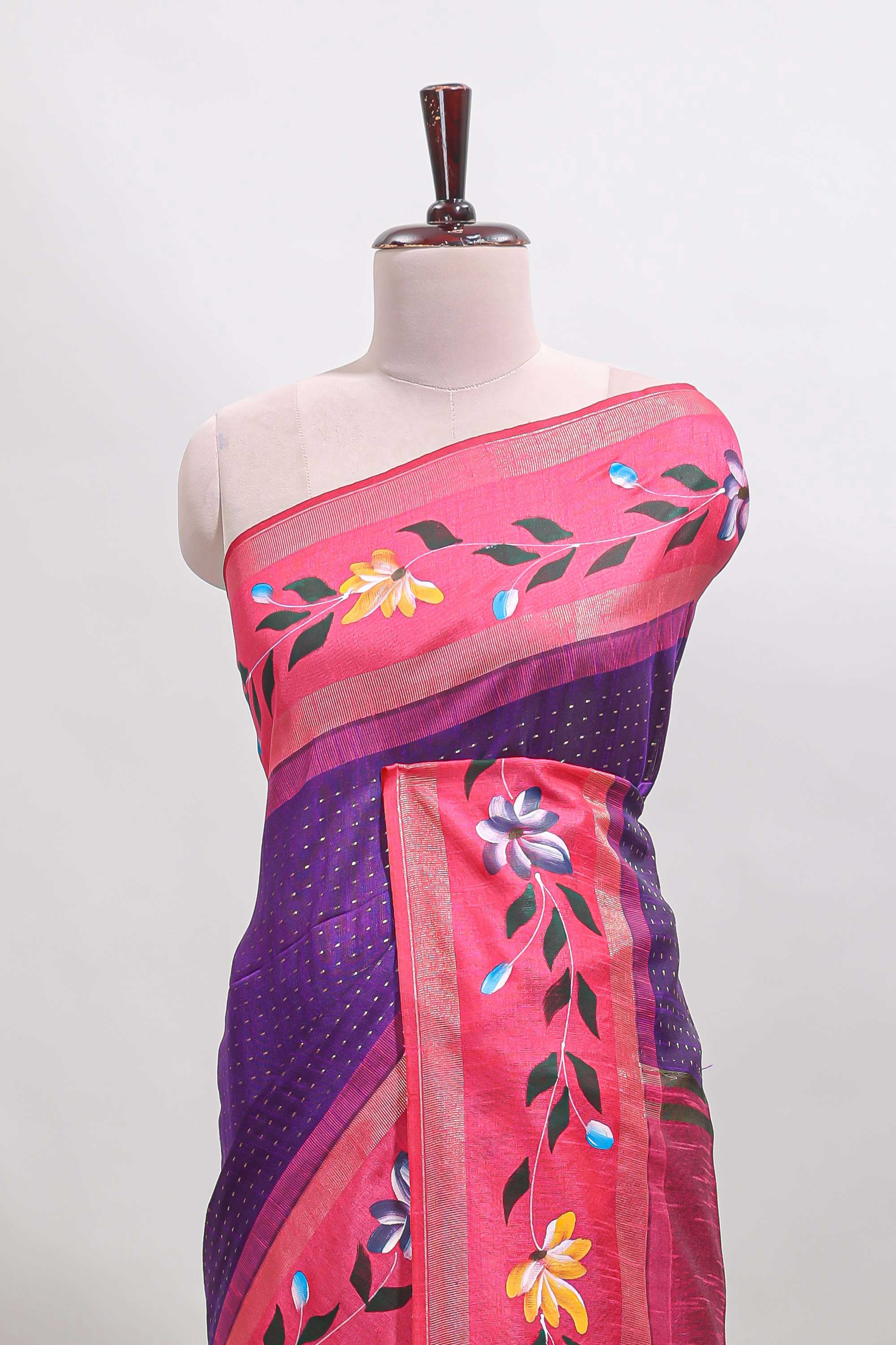 Violet checked semi tussar saree with contrast floral vine border and blouse