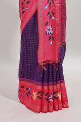Violet checked semi tussar saree with contrast floral vine border and blouse