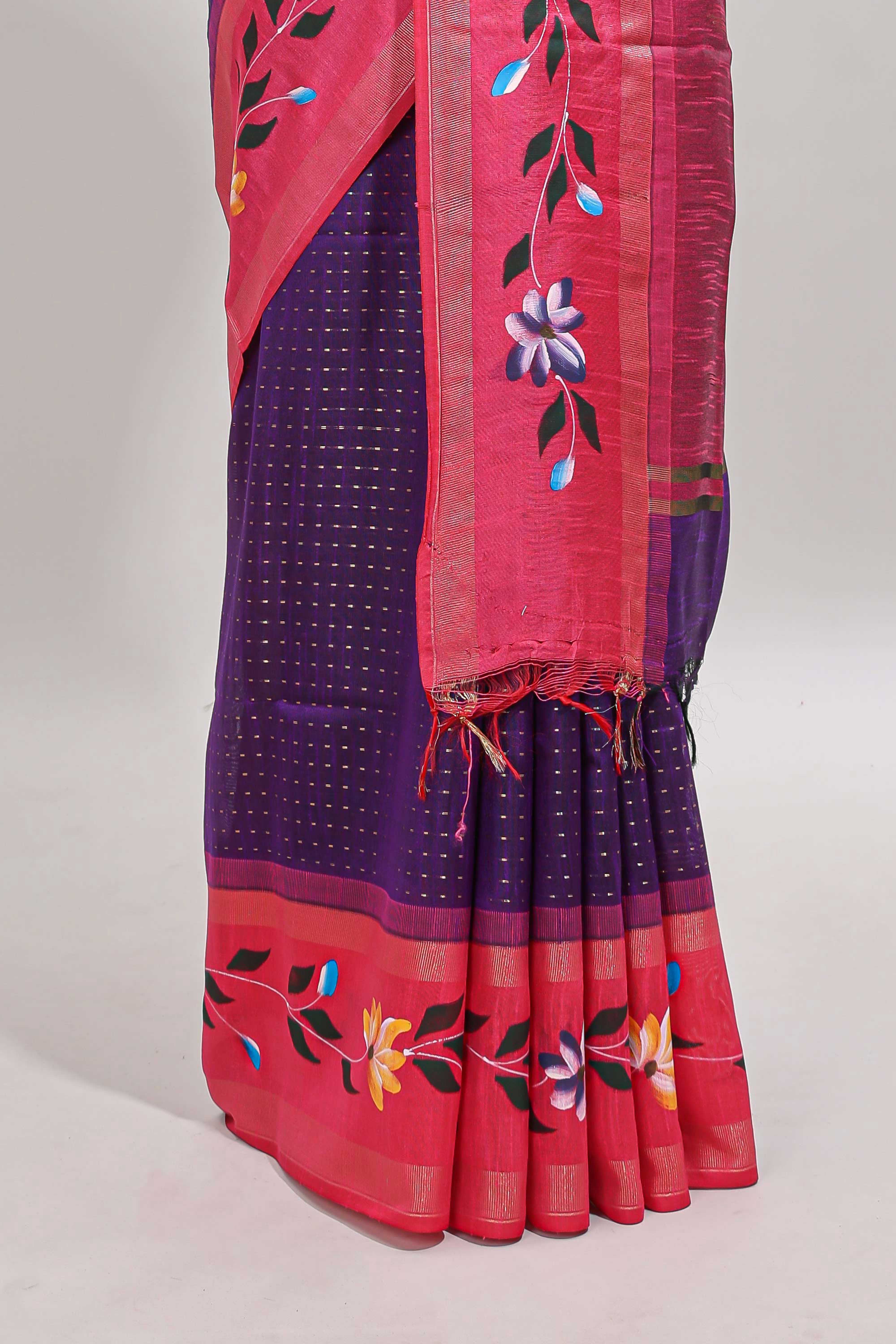 Violet checked semi tussar saree with contrast floral vine border and blouse