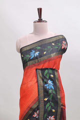 Orange checked semi tussar saree with contrast floral vine border and blouse