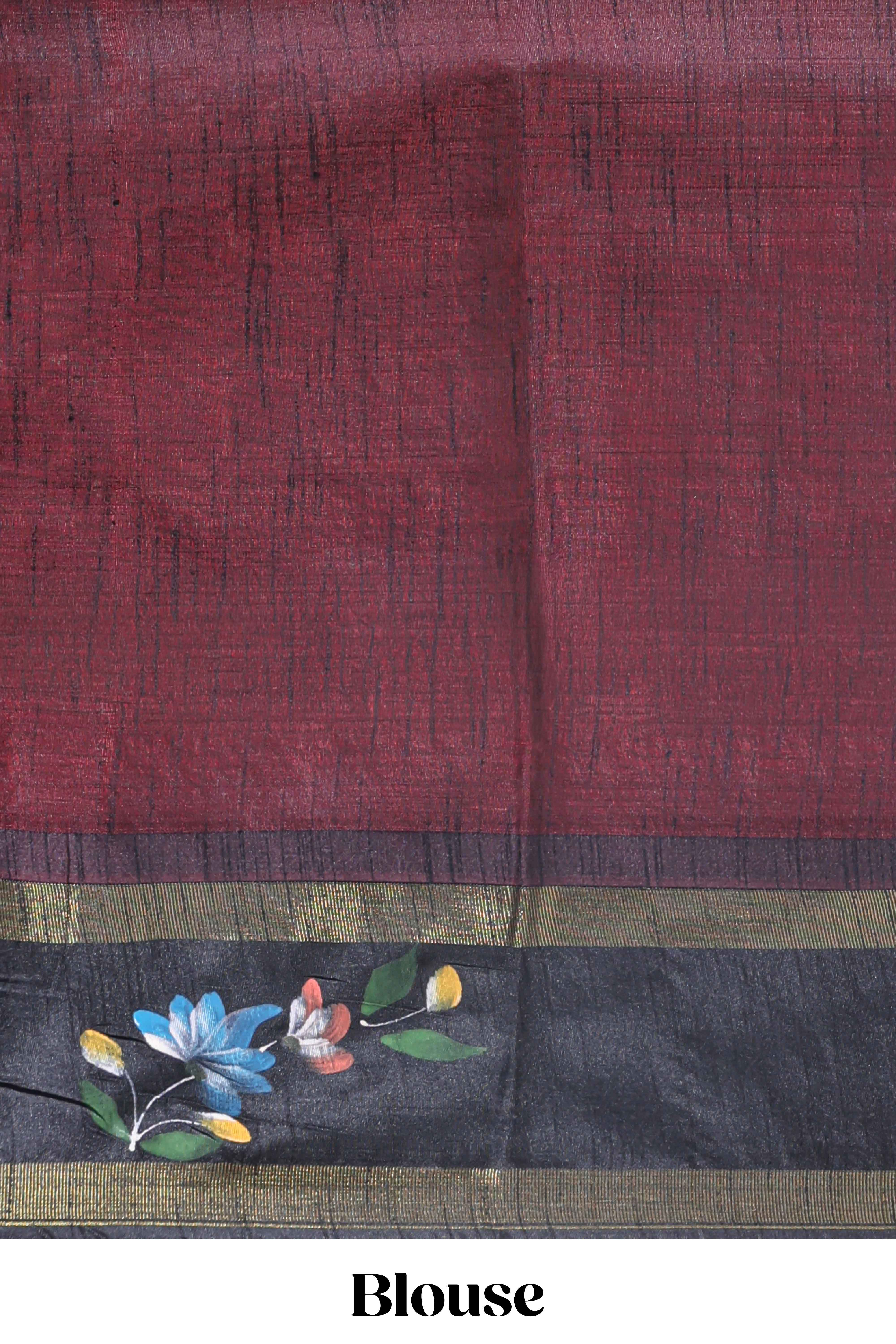 Orange checked semi tussar saree with contrast floral vine border and blouse