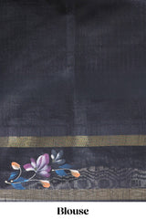 Teal blue checked semi tussar saree with contrast floral vine border and blouse