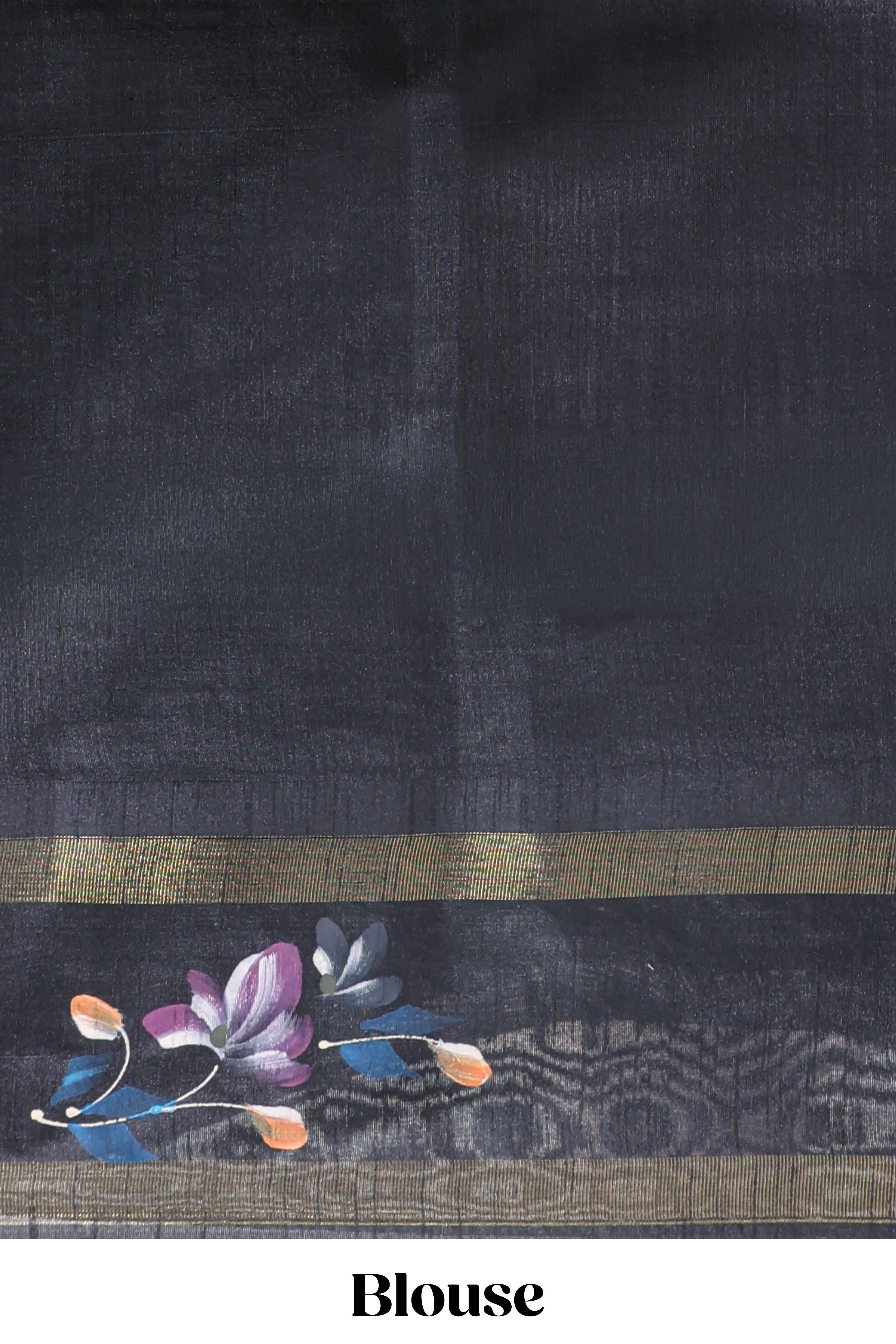 Teal blue checked semi tussar saree with contrast floral vine border and blouse