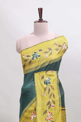 Green checked semi tussar saree with contrast floral vine border and blouse