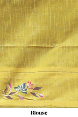 Green checked semi tussar saree with contrast floral vine border and blouse