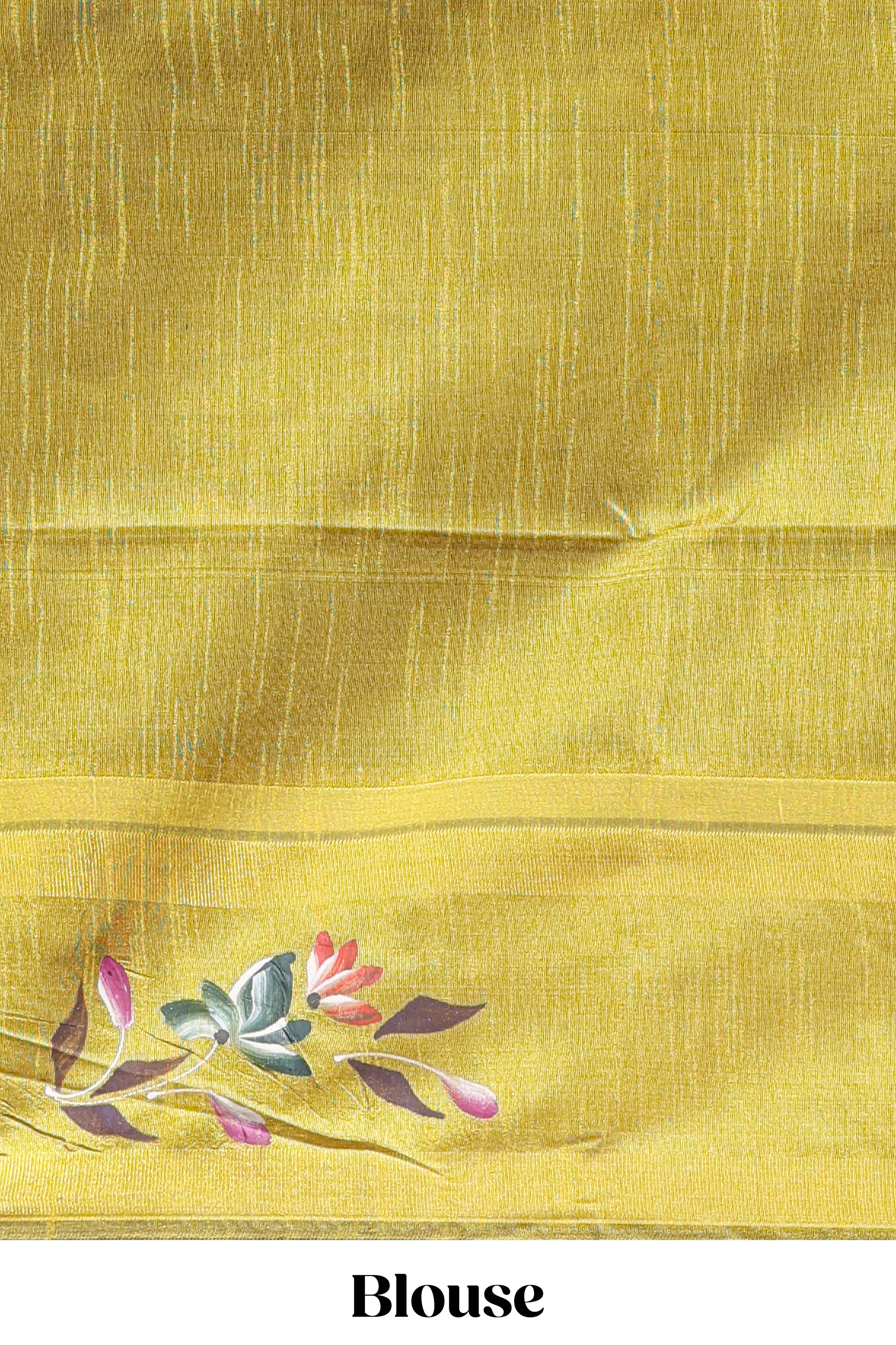 Green checked semi tussar saree with contrast floral vine border and blouse