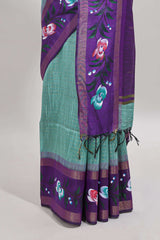 Green checked semi tussar saree with contrast violet floral vine border and blouse