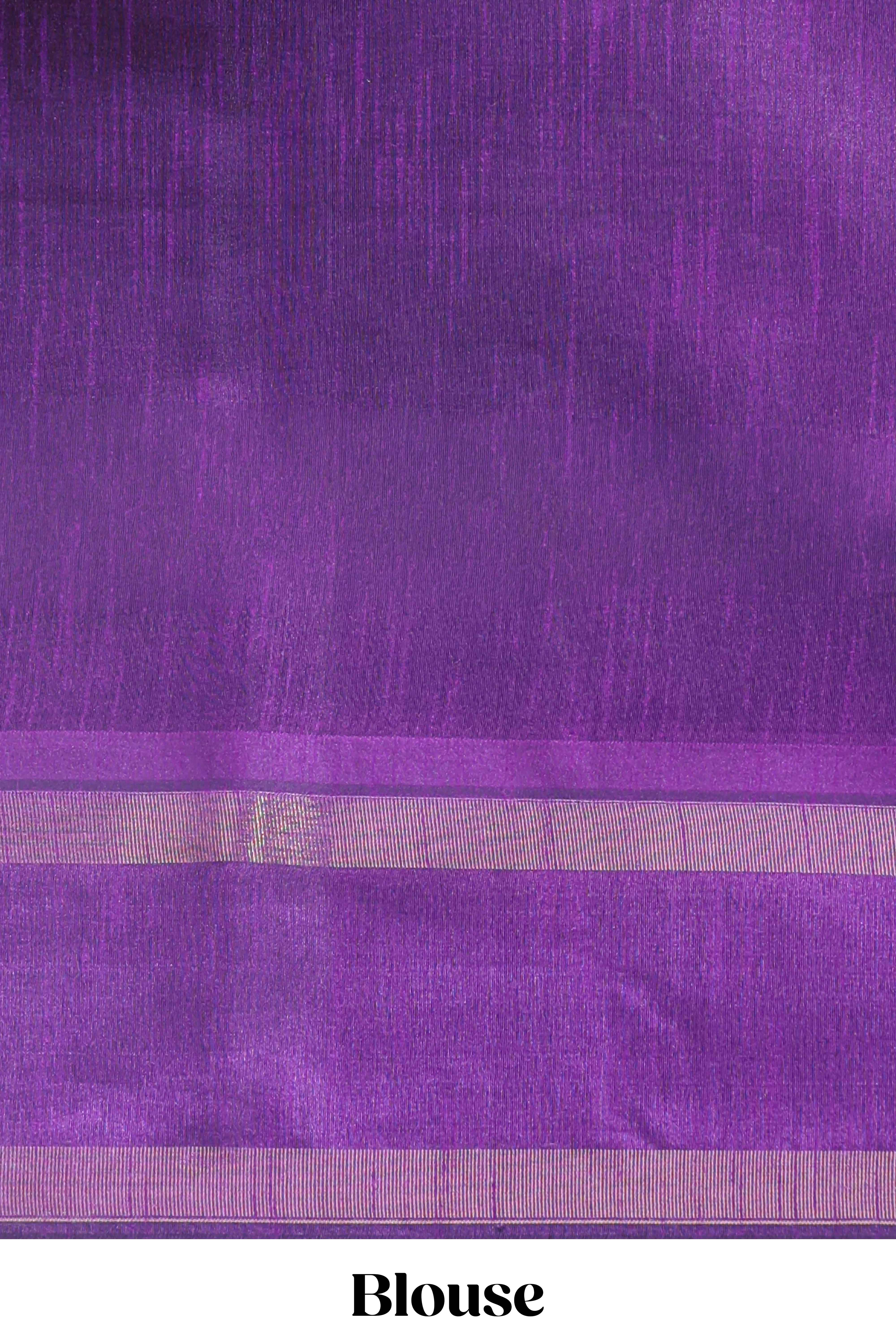 Green checked semi tussar saree with contrast violet floral vine border and blouse