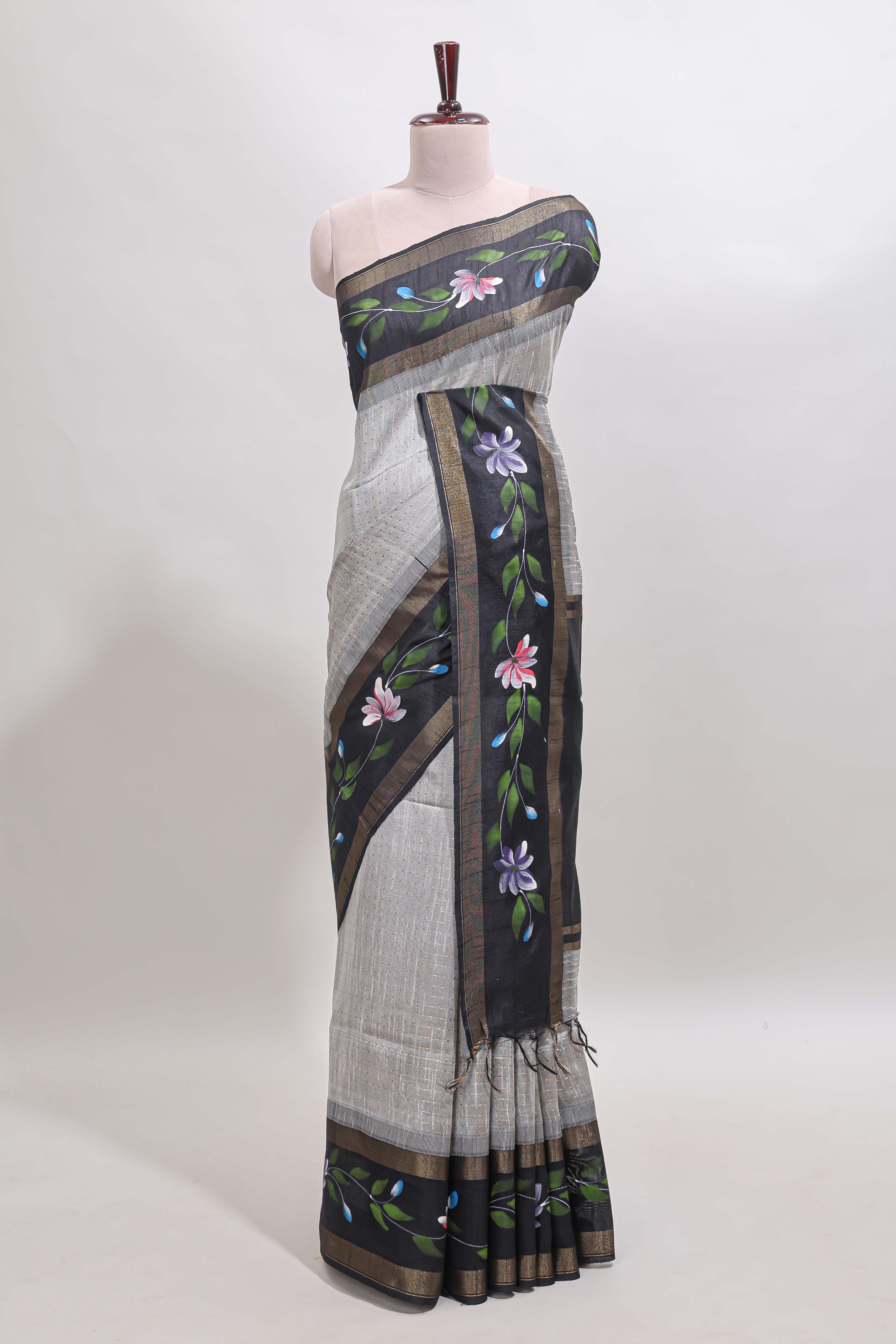 Grey checked semi tussar saree with contrast violet floral vine border and blouse