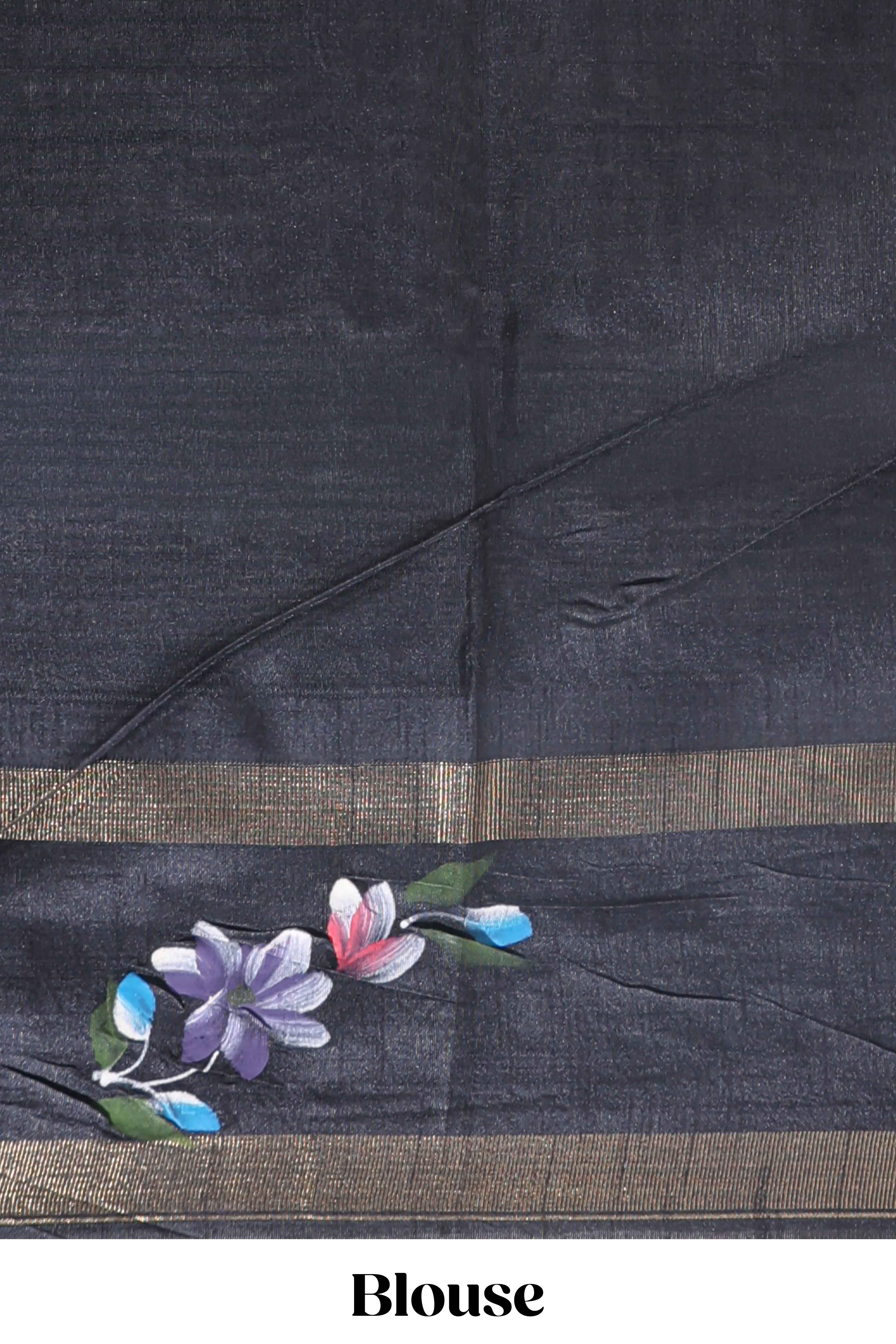 Grey checked semi tussar saree with contrast violet floral vine border and blouse
