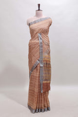 Brown geometric design semi tussar saree with contrast border and matching blouse