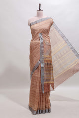 Brown geometric design semi tussar saree with contrast border and matching blouse