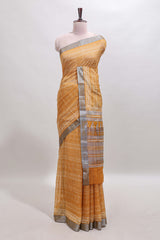 Mustard geometric design semi tussar saree with contrast border and matching blouse