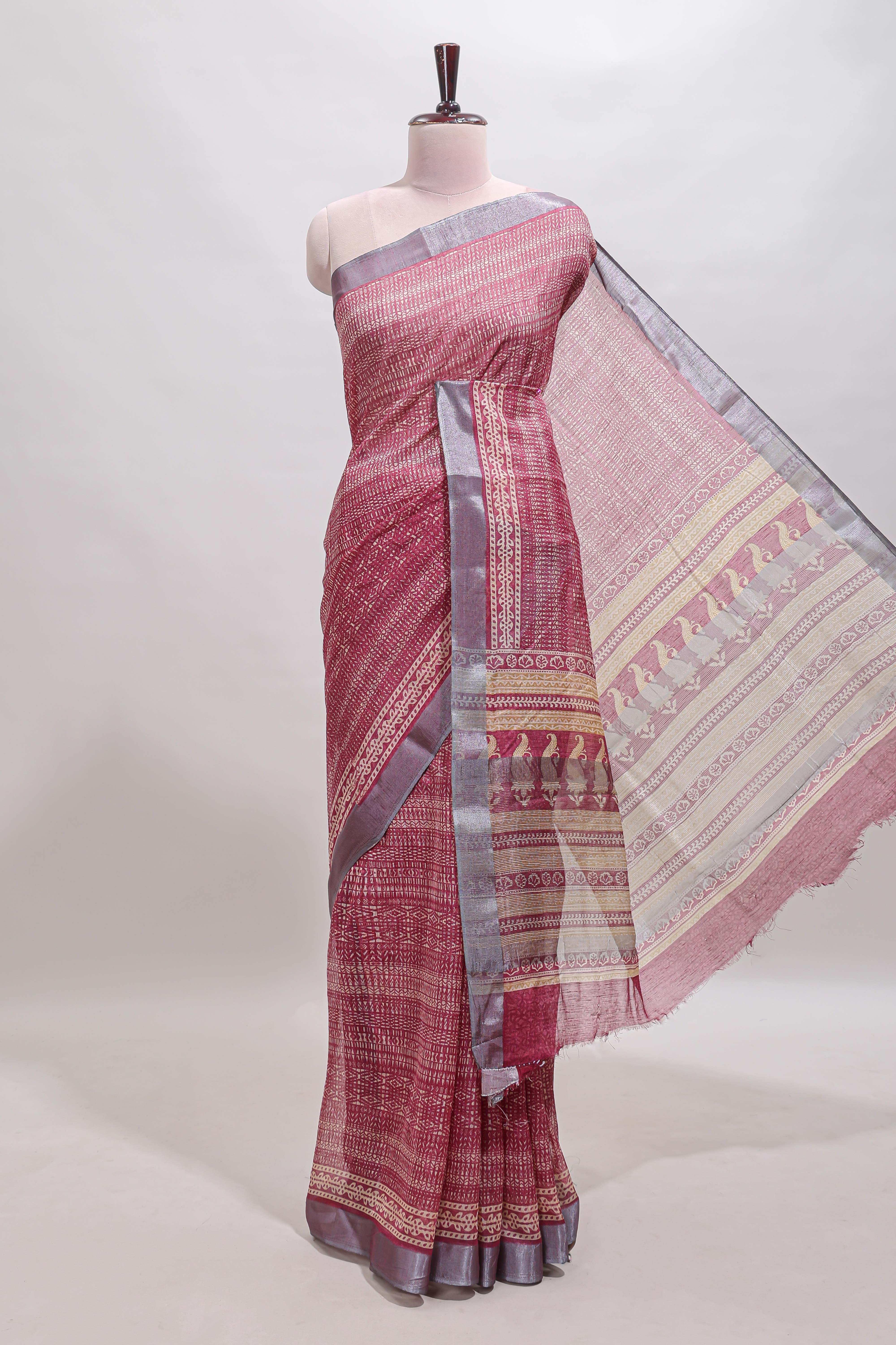 Onion pink geometric design semi tussar saree with contrast border and matching blouse