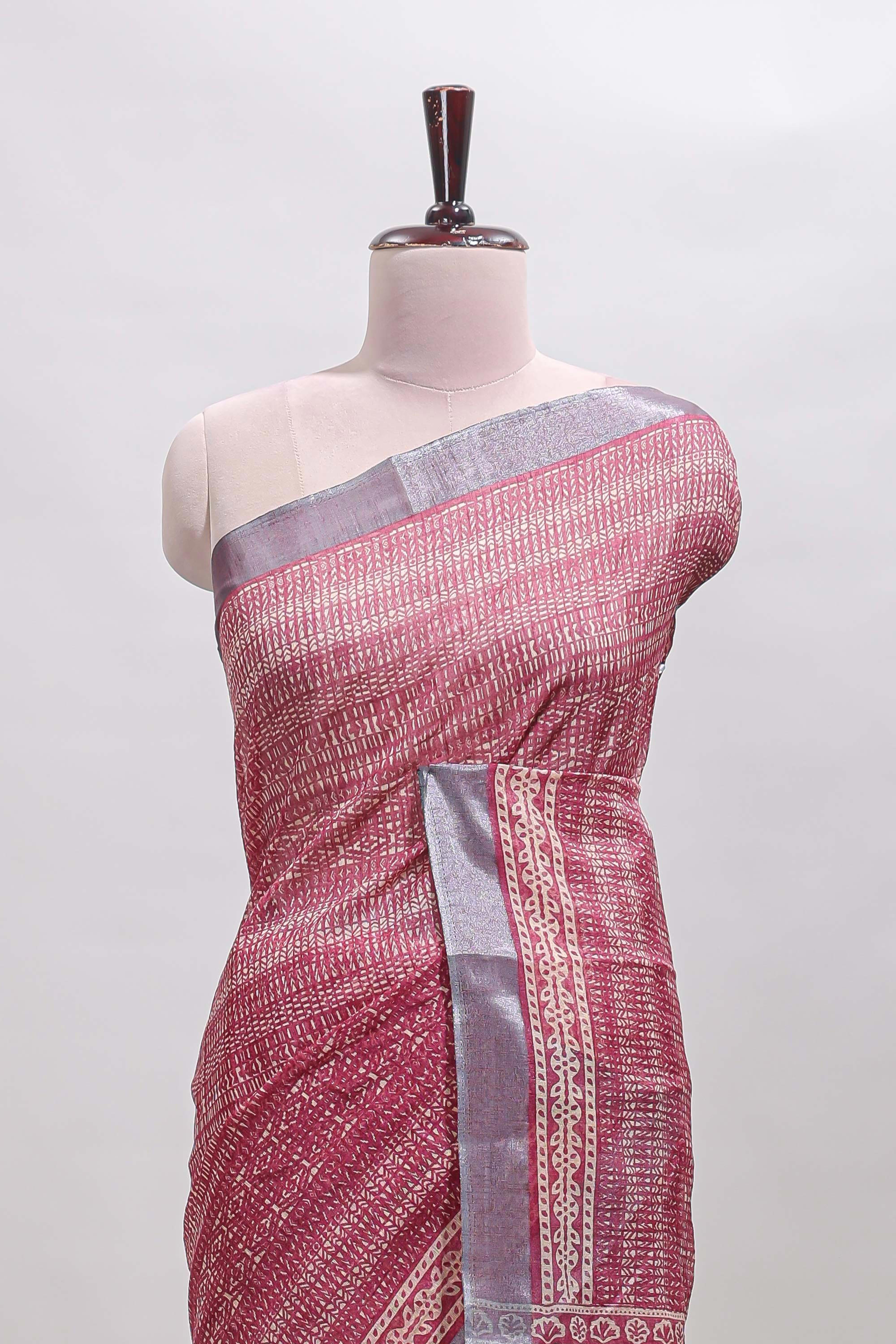 Onion pink geometric design semi tussar saree with contrast border and matching blouse
