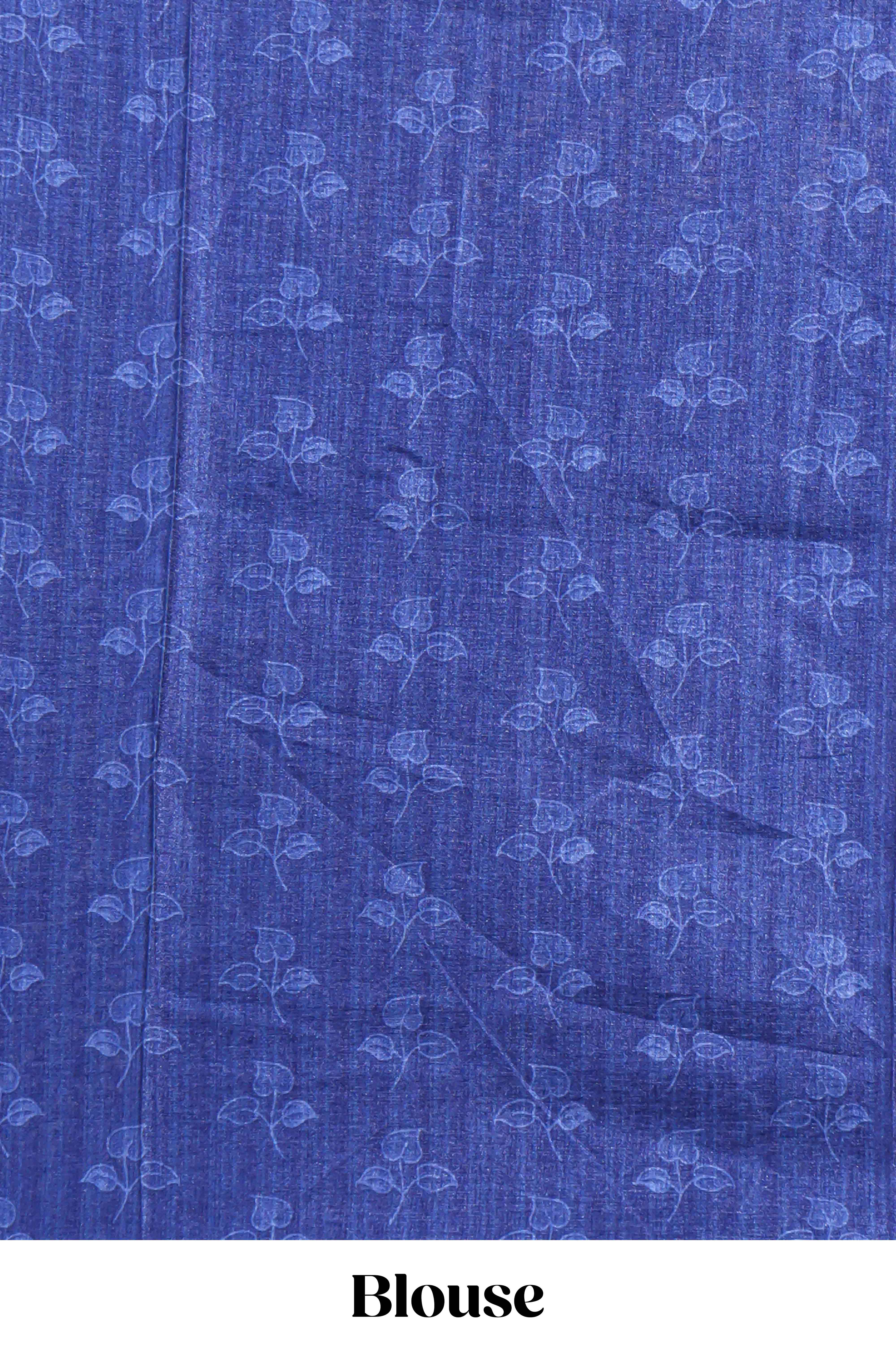 Blue madhubani style floral & peacock design tussar saree with self border and matching blouse