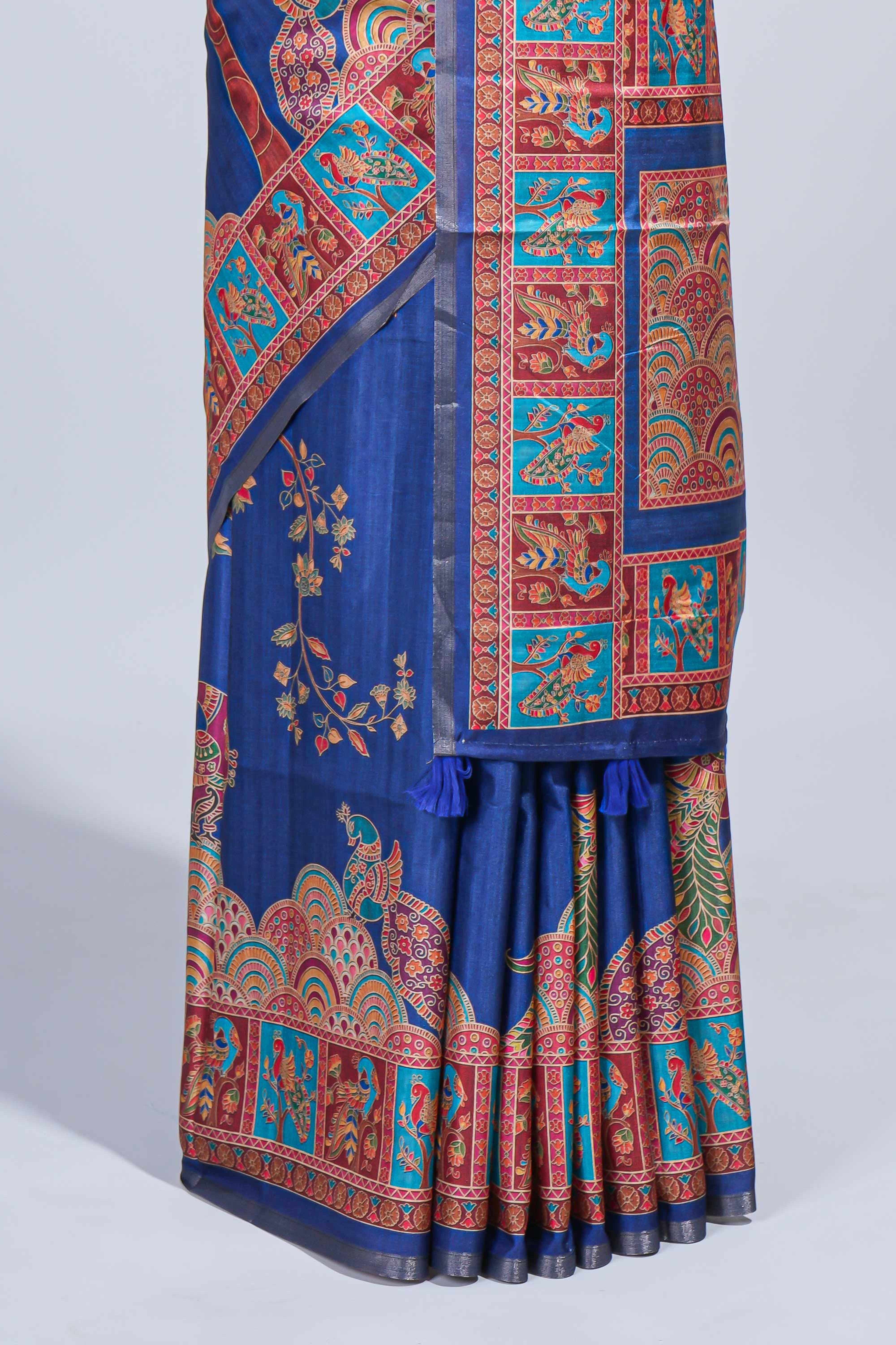 Blue madhubani style floral & peacock design tussar saree with self border and matching blouse