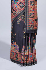 Black madhubani style floral & peacock design tussar saree with self border and matching blouse
