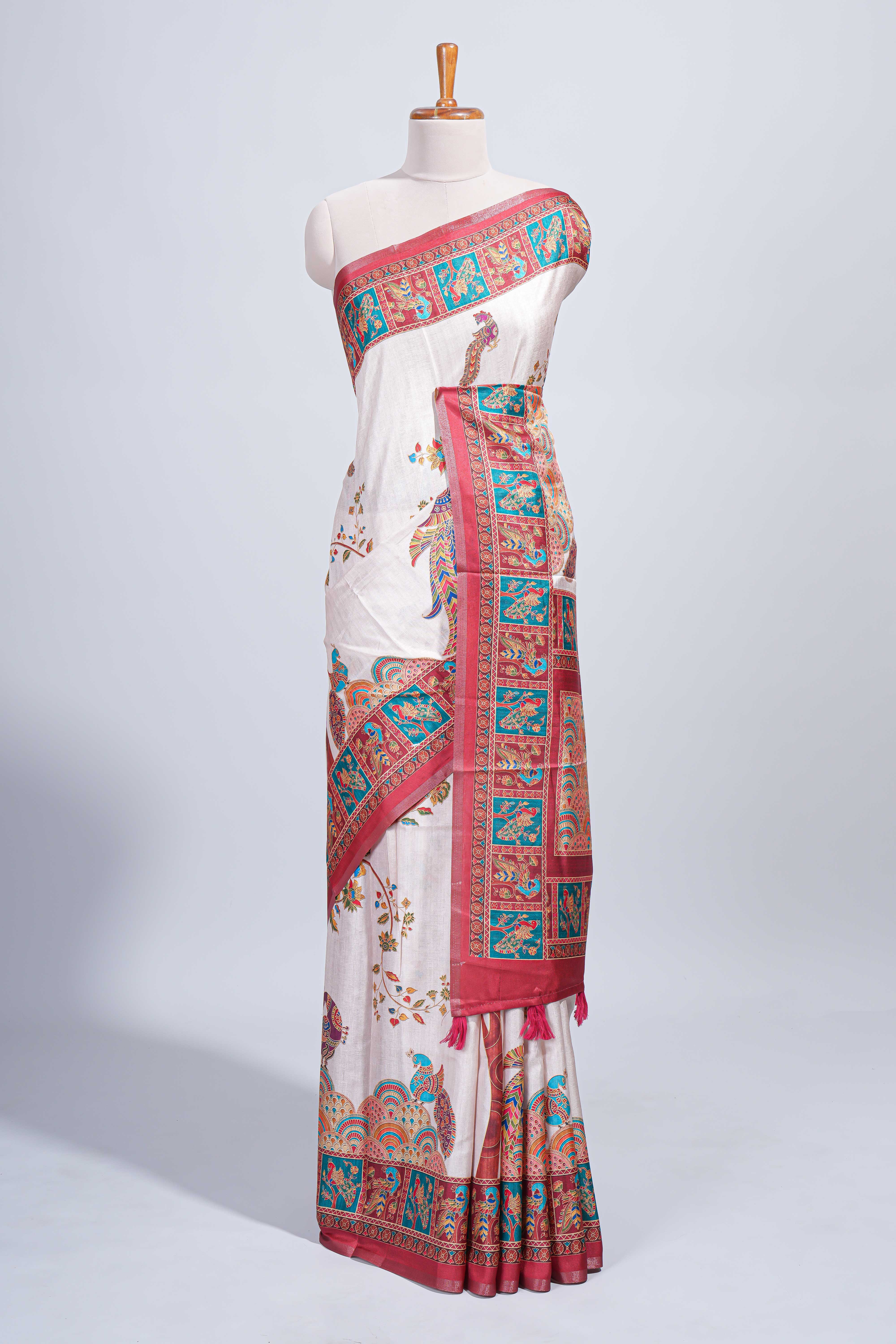 Cream madhubani style floral & peacock design tussar saree with self border and matching blouse