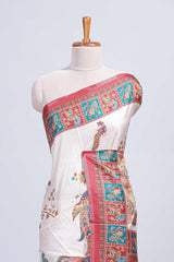 Cream madhubani style floral & peacock design tussar saree with self border and matching blouse
