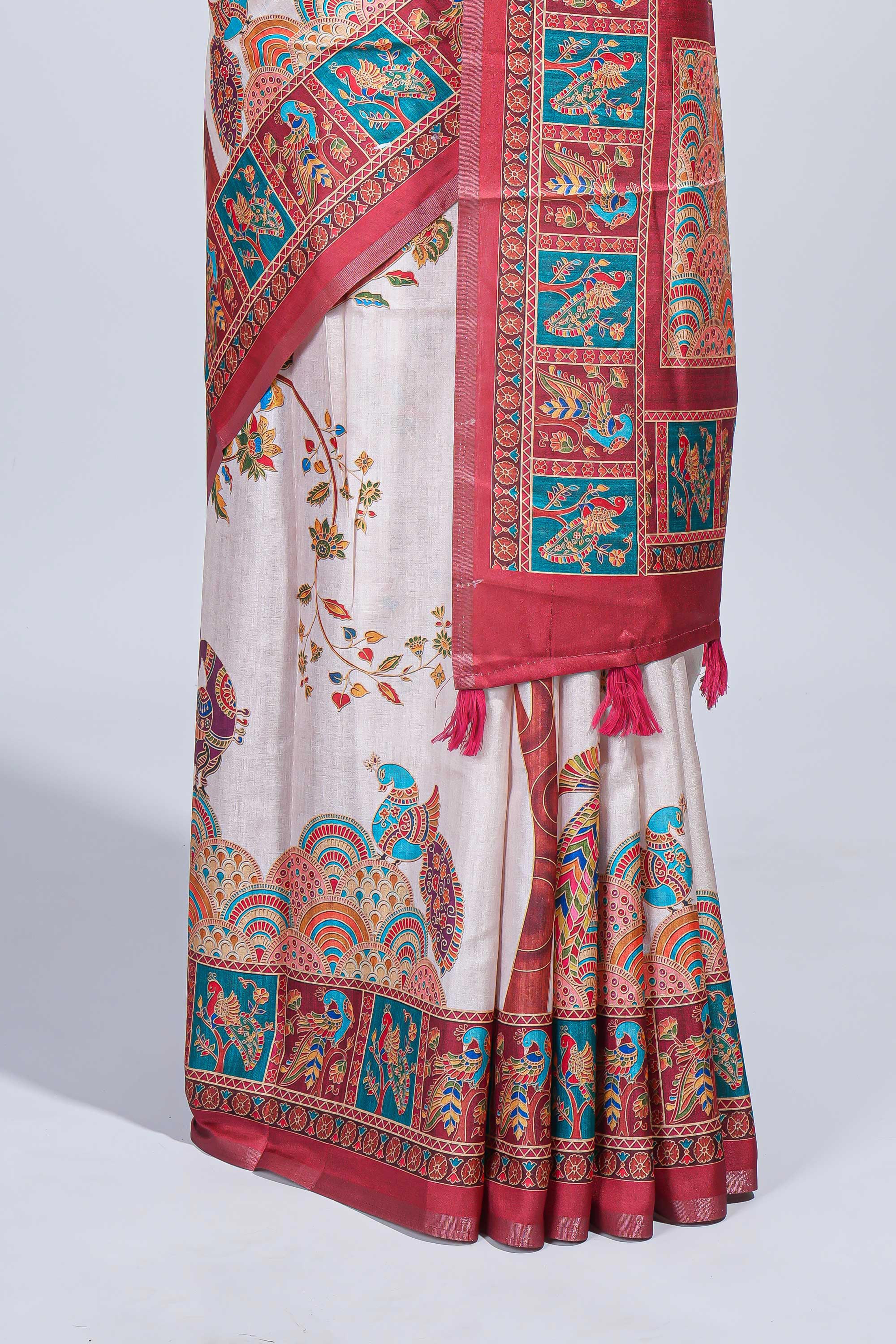 Cream madhubani style floral & peacock design tussar saree with self border and matching blouse