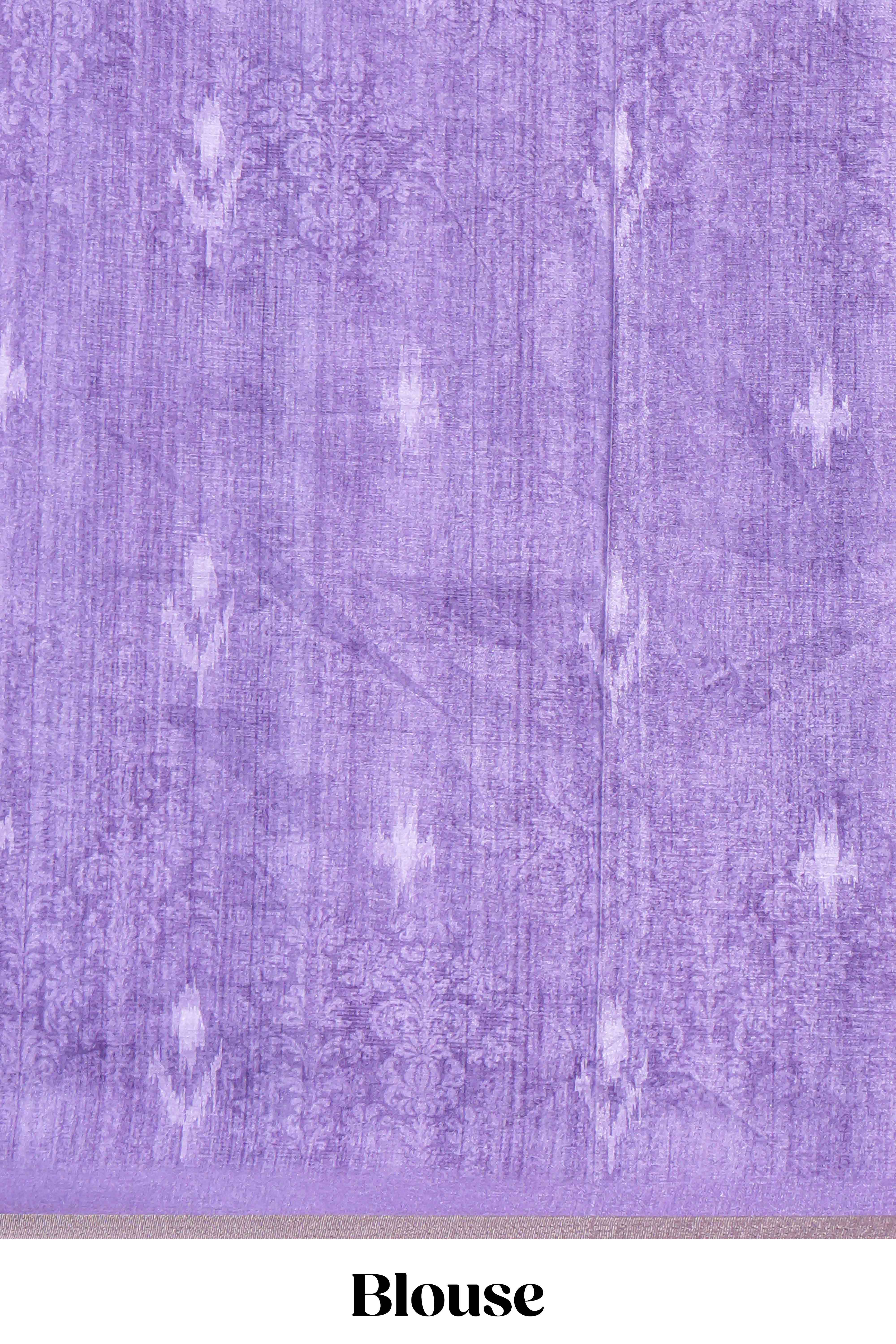 Lavender kalamkari style pattachitra storytelling motifs tussar saree with self border and matching blouse
