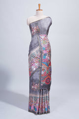 Grey kalamkari style pattachitra storytelling motifs tussar saree with self border and matching blouse