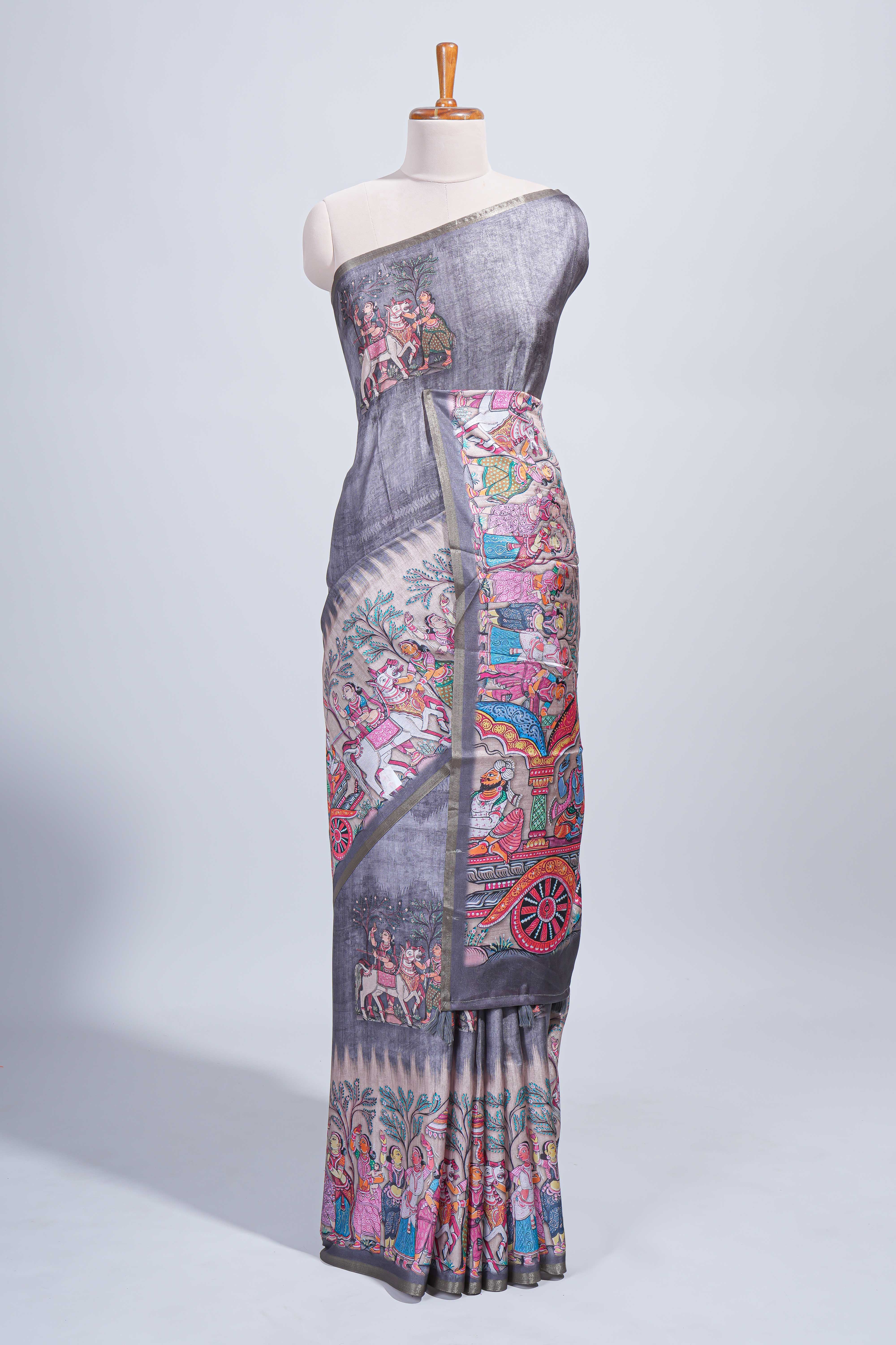 Grey kalamkari style pattachitra storytelling motifs tussar saree with self border and matching blouse