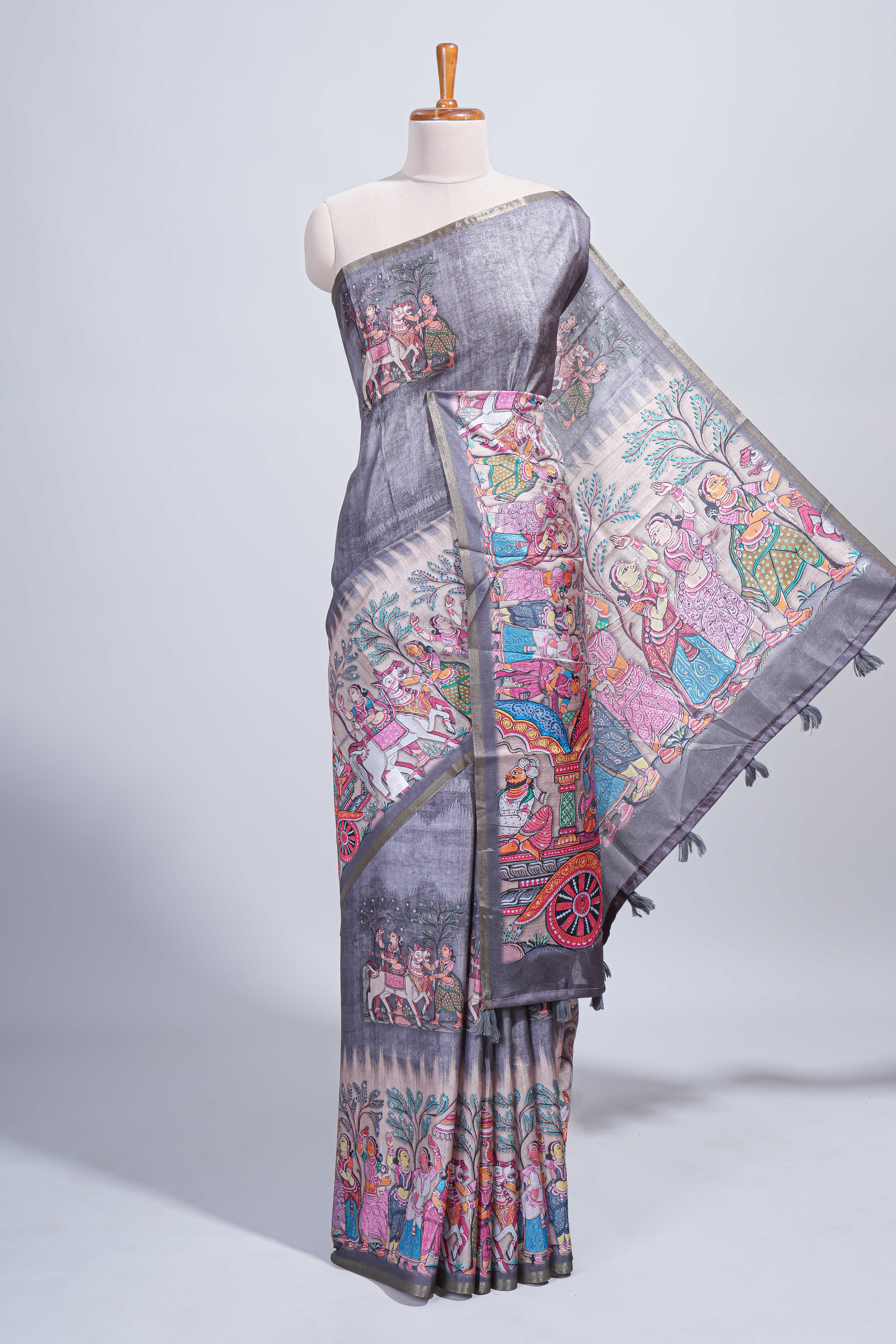Grey kalamkari style pattachitra storytelling motifs tussar saree with self border and matching blouse
