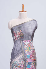 Grey kalamkari style pattachitra storytelling motifs tussar saree with self border and matching blouse