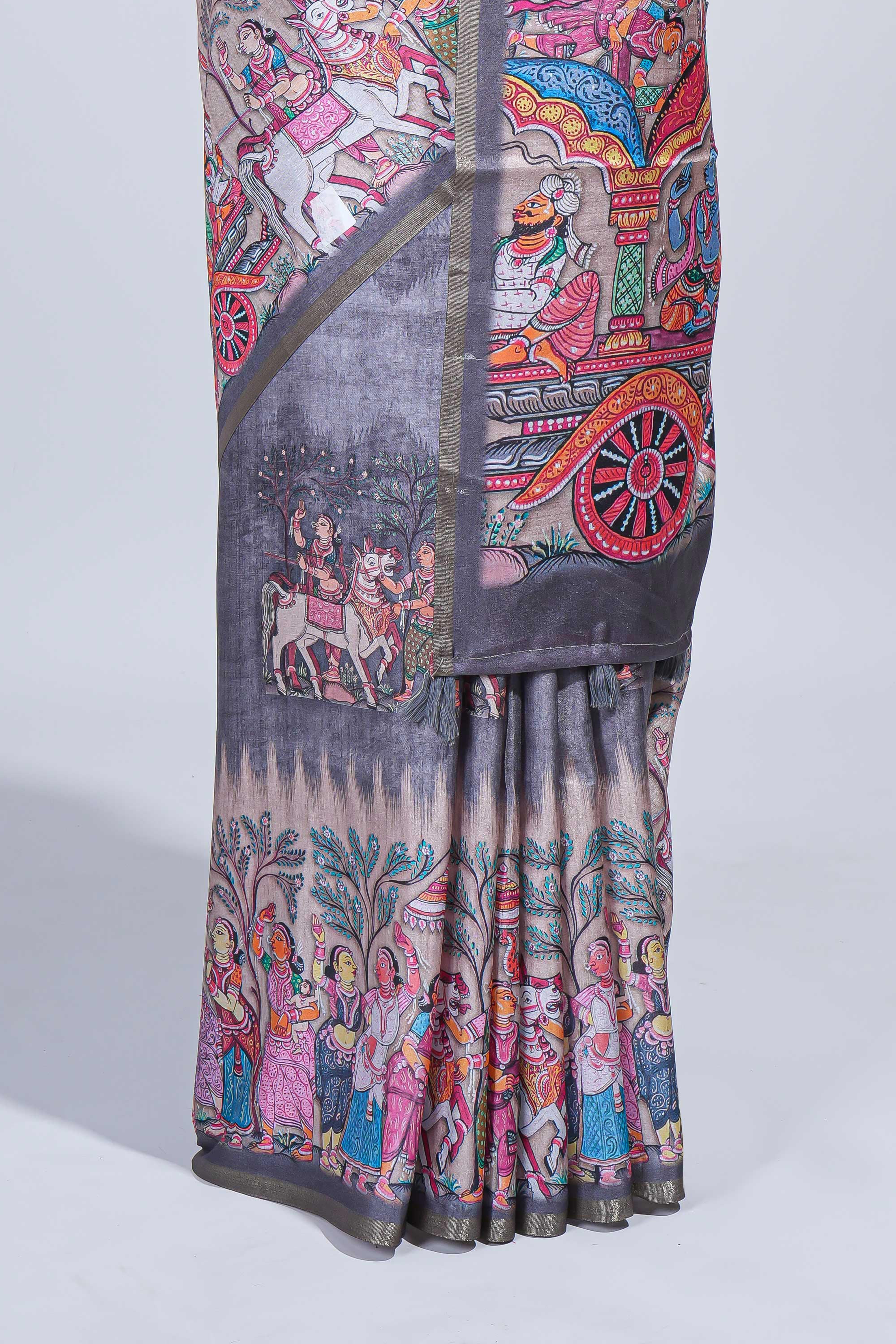 Grey kalamkari style pattachitra storytelling motifs tussar saree with self border and matching blouse