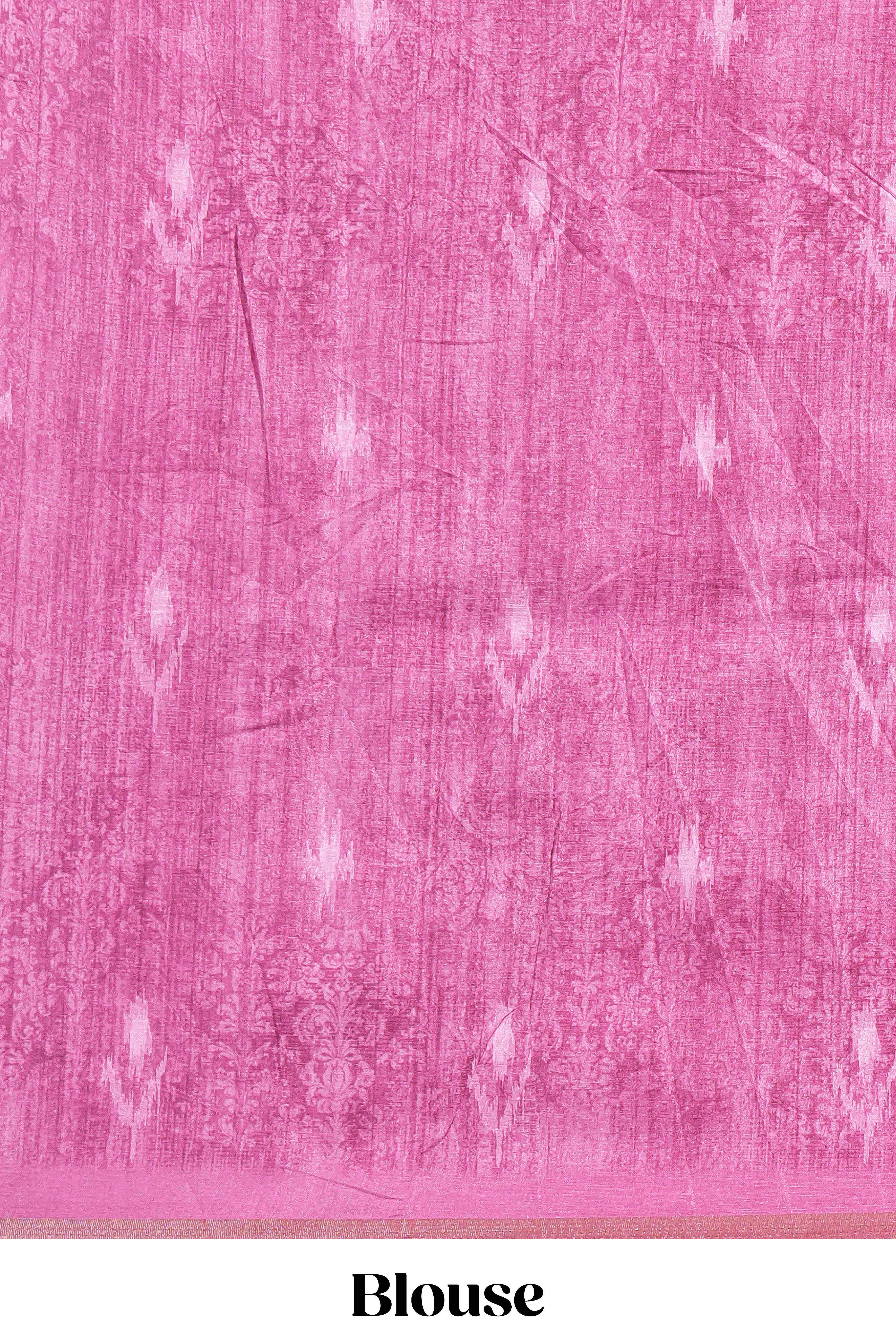 Pink kalamkari style pattachitra storytelling motifs tussar saree with self border and matching blouse