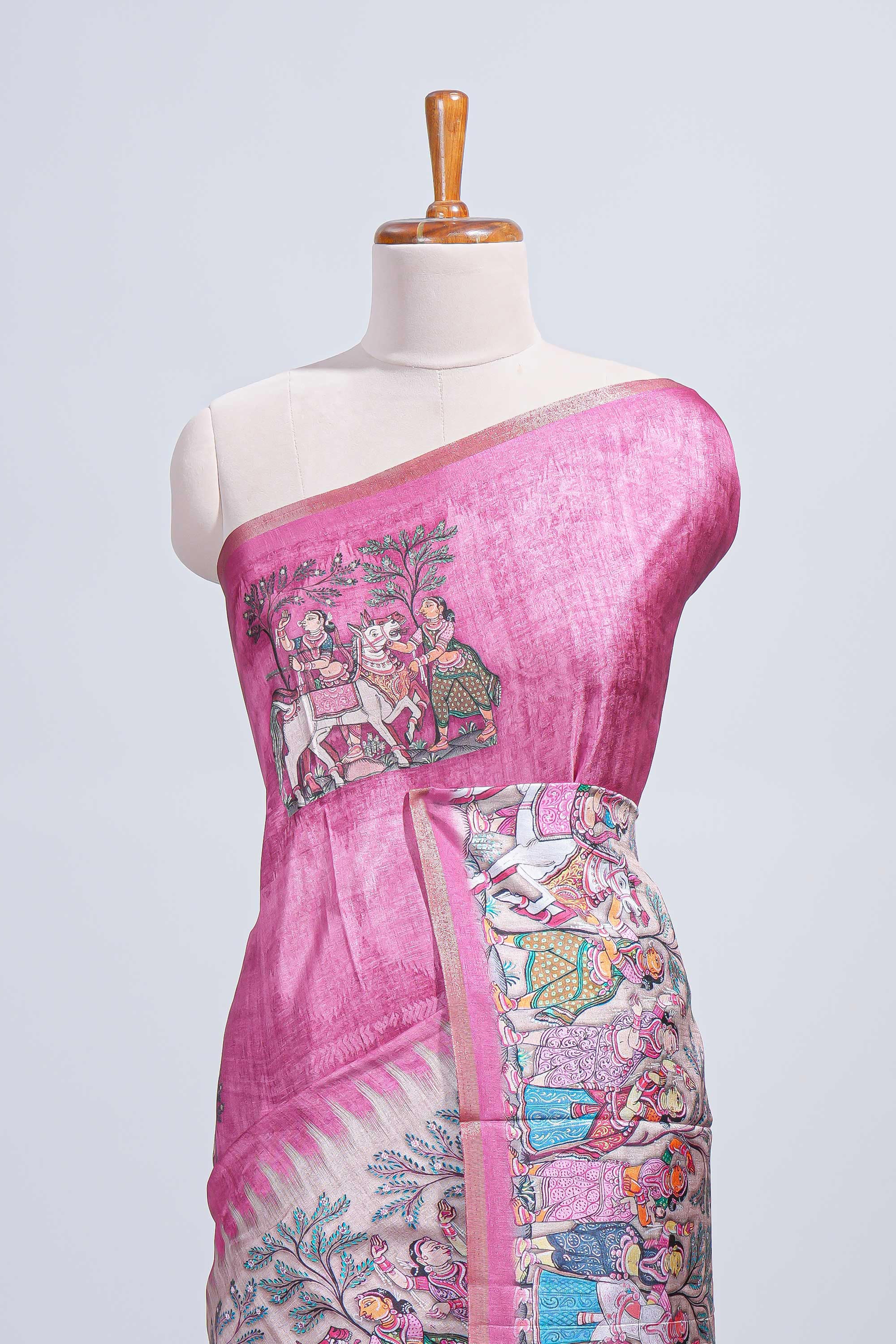 Pink kalamkari style pattachitra storytelling motifs tussar saree with self border and matching blouse