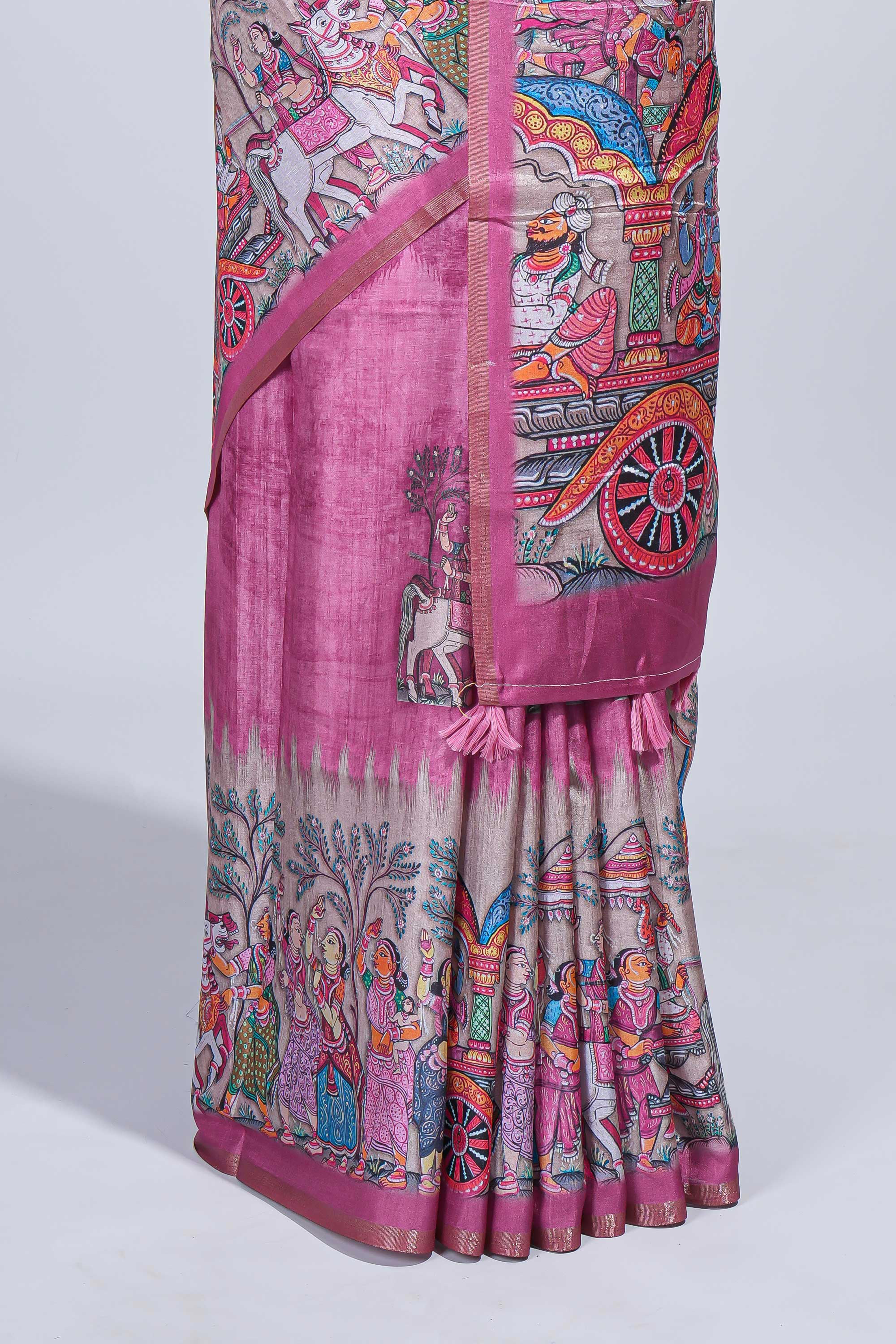 Pink kalamkari style pattachitra storytelling motifs tussar saree with self border and matching blouse