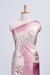 Beige floral & cage print motifs tussar saree with contrast border and blouse